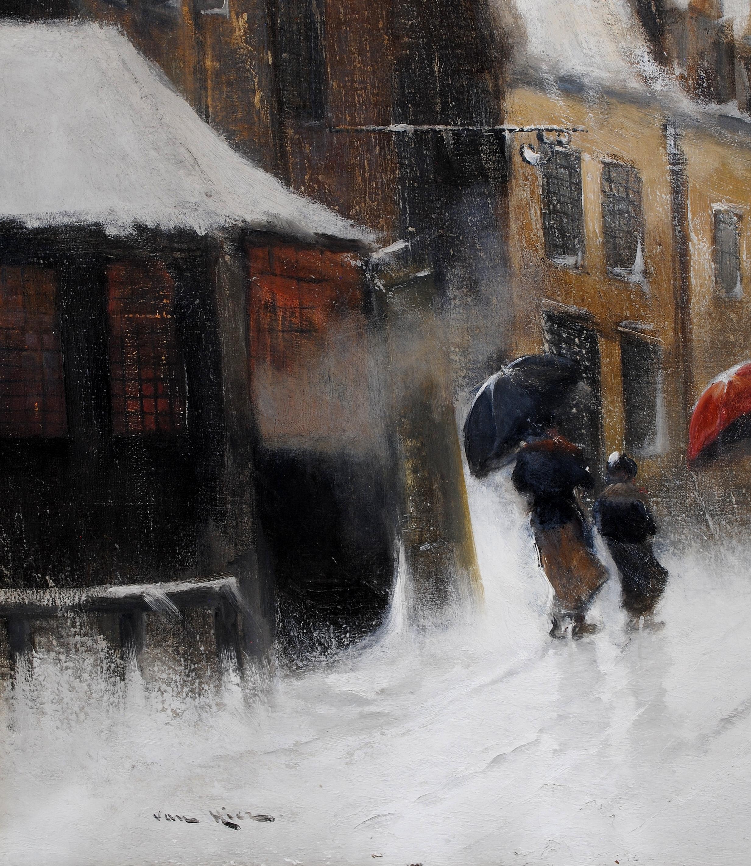 Figures in a Blizzard - Large 19th Century Belgian Snowy Winter Town Painting For Sale 3