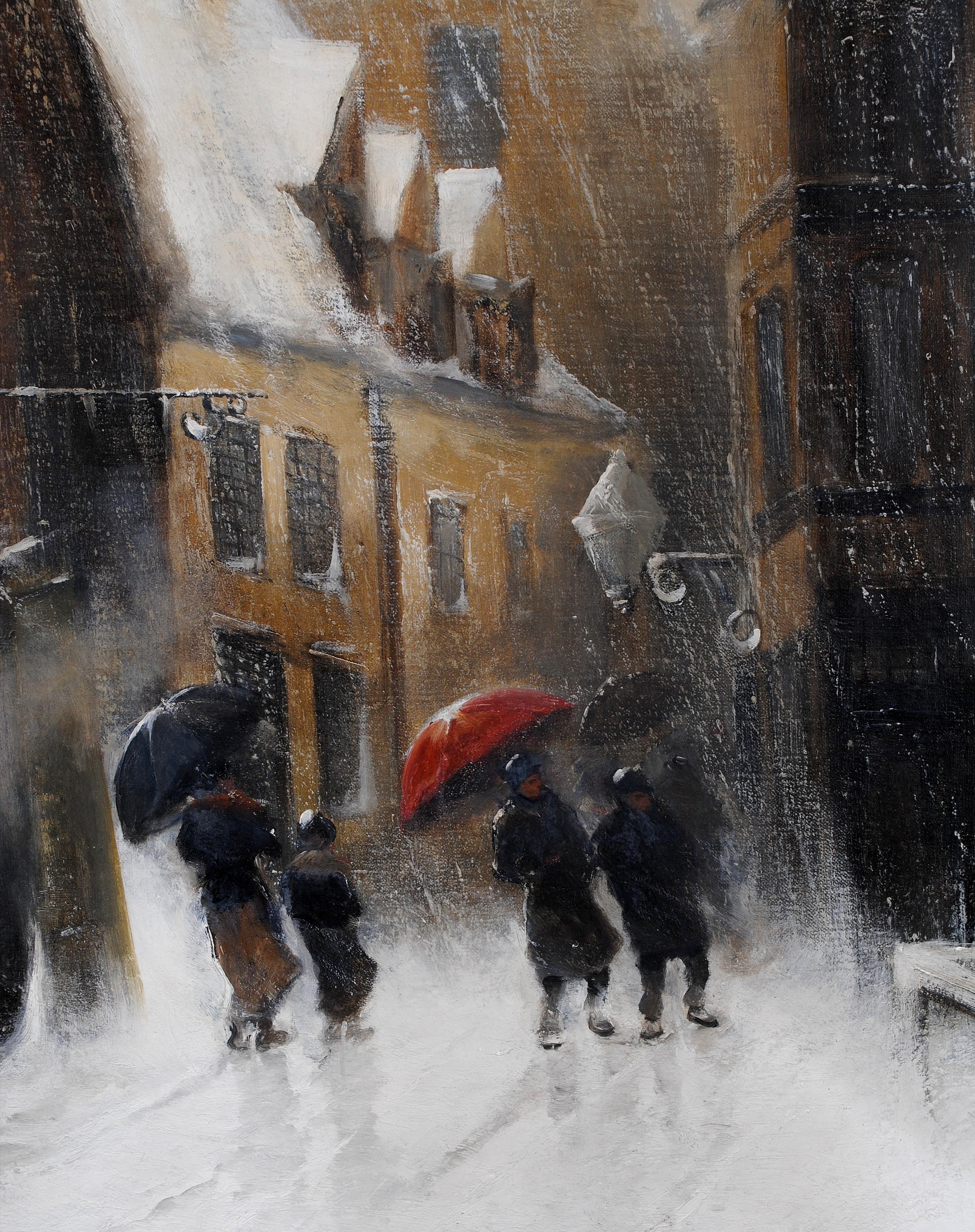 Figures in a Blizzard - Large 19th Century Belgian Snowy Winter Town Painting For Sale 4