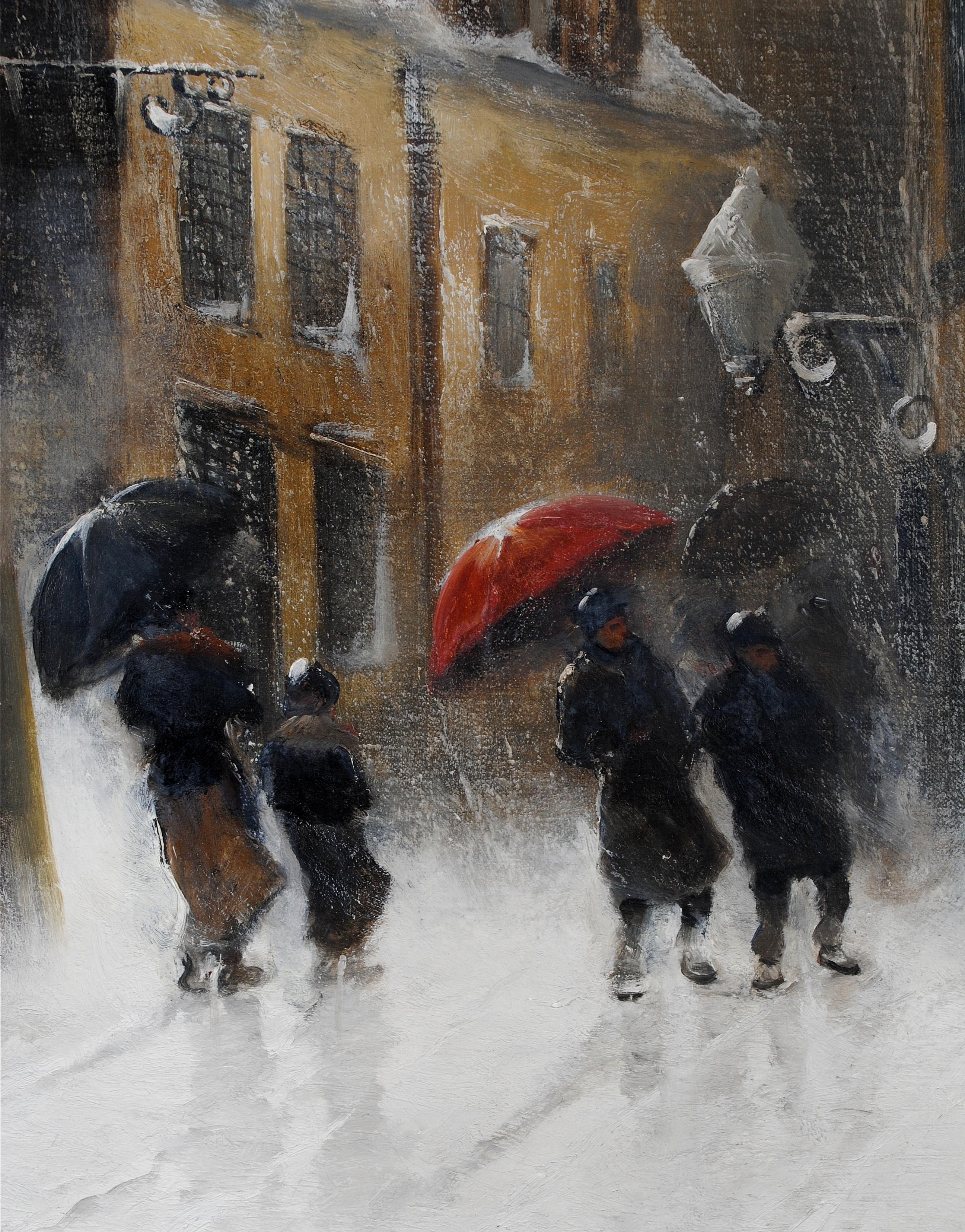 Figures in a Blizzard - Large 19th Century Belgian Snowy Winter Town Painting For Sale 5