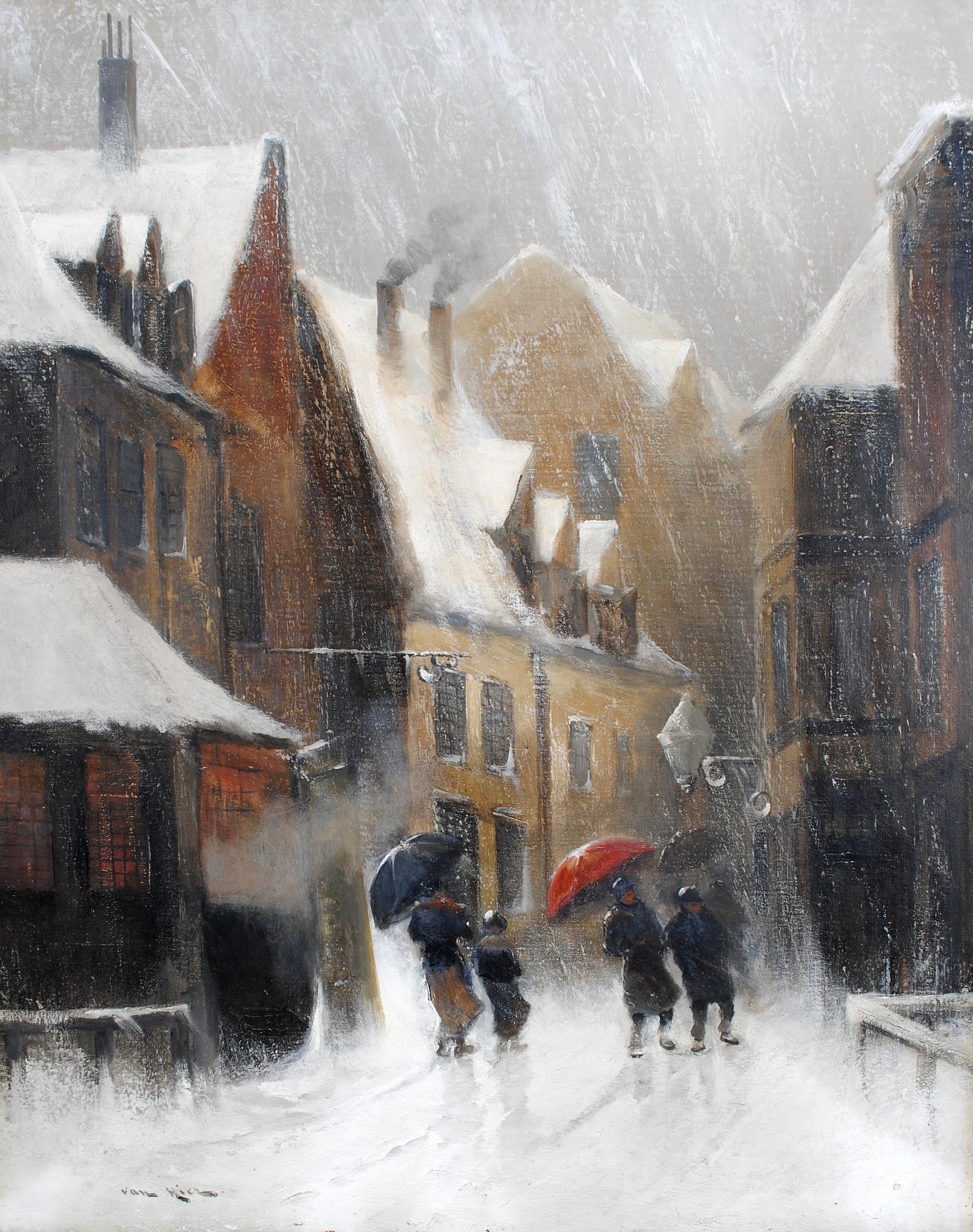 19th Century Belgian School Landscape Painting - Figures in a Blizzard - Large 19th Century Belgian Snowy Winter Town Painting