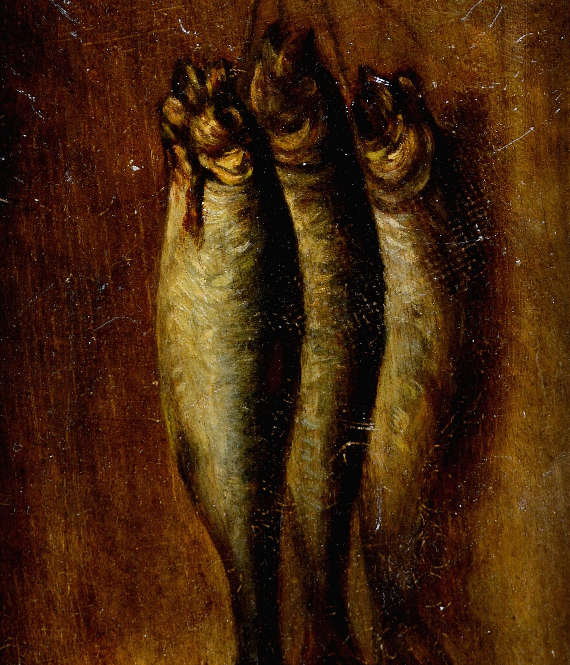 Un superbo olio su tavola belga del XIX secolo che raffigura tre pesci appesi su uno sfondo di Wood. 

L'opera è firmata in modo indistinto in alto a destra e conserva un'etichetta della galleria di Bruxelles sul retro. Presentato in una cornice