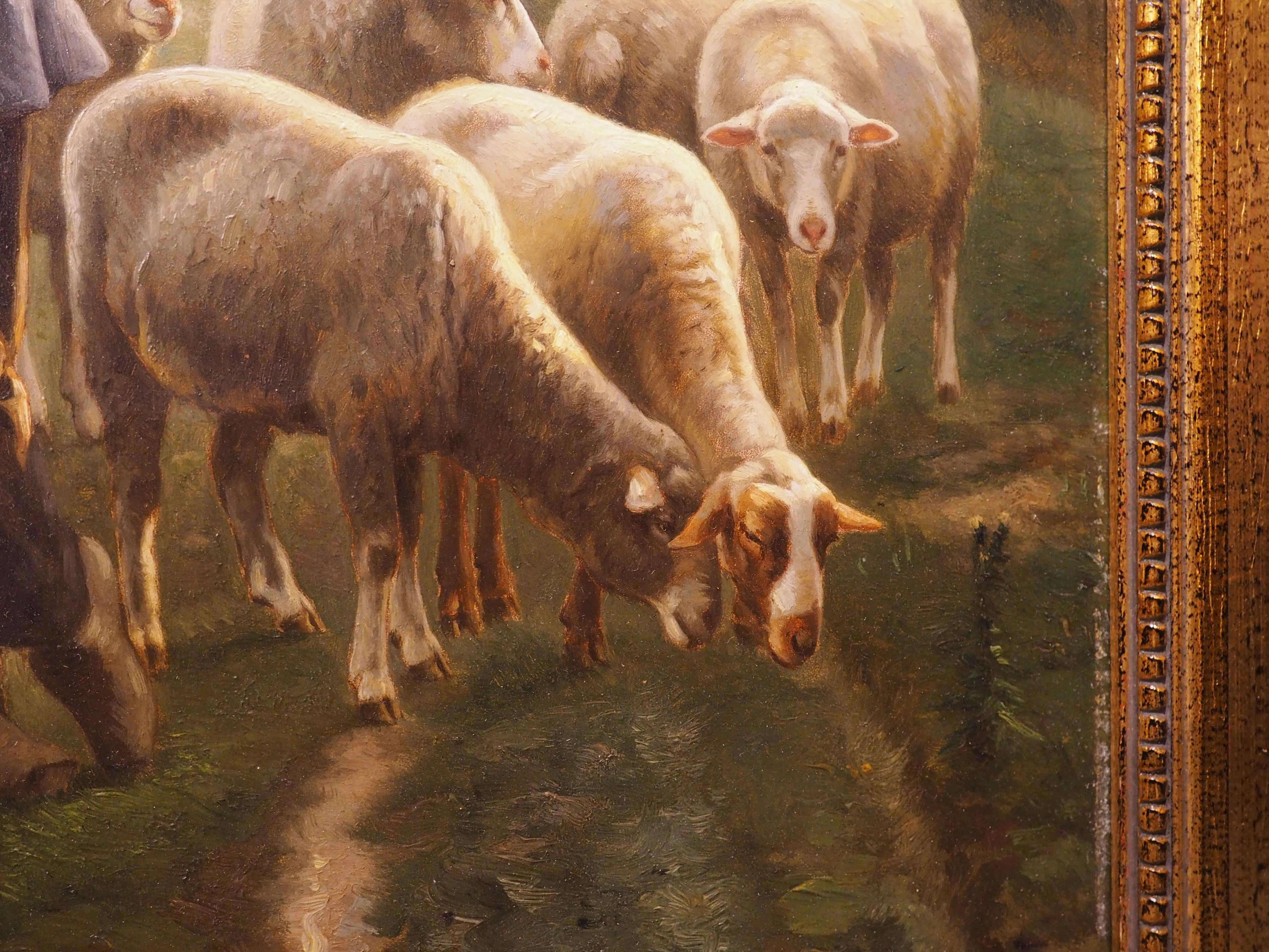 Hand-Carved 19th Century Belgian Sheep Painting by Henri de Beul For Sale