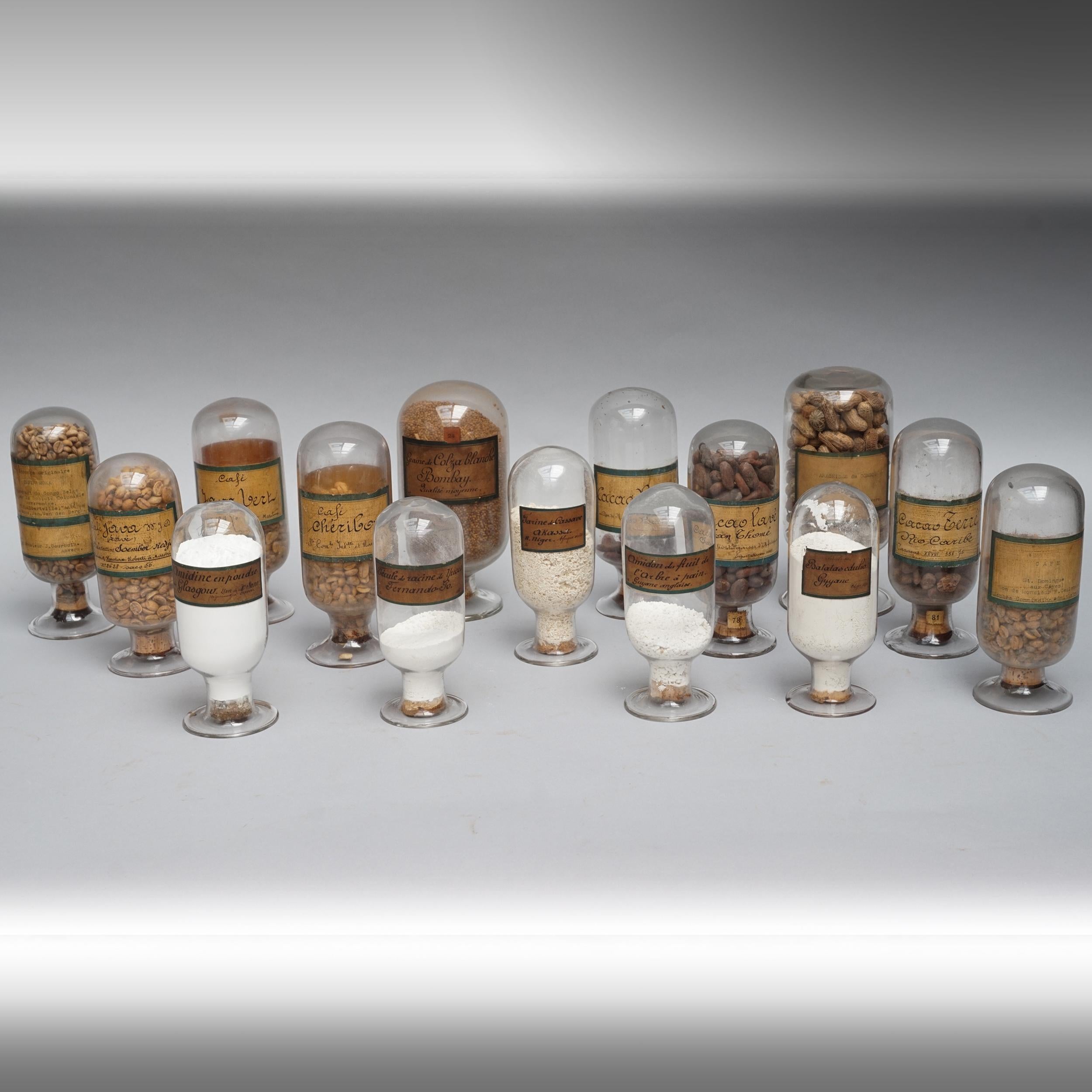 15 blown glass containers with Colonial natural commodities like coffee, cacao, peanuts, rapeseed and different kinds of yam, breadfruit, cassava, and yucca flours.

The glass containers contain natural resource samples of different Dutch,