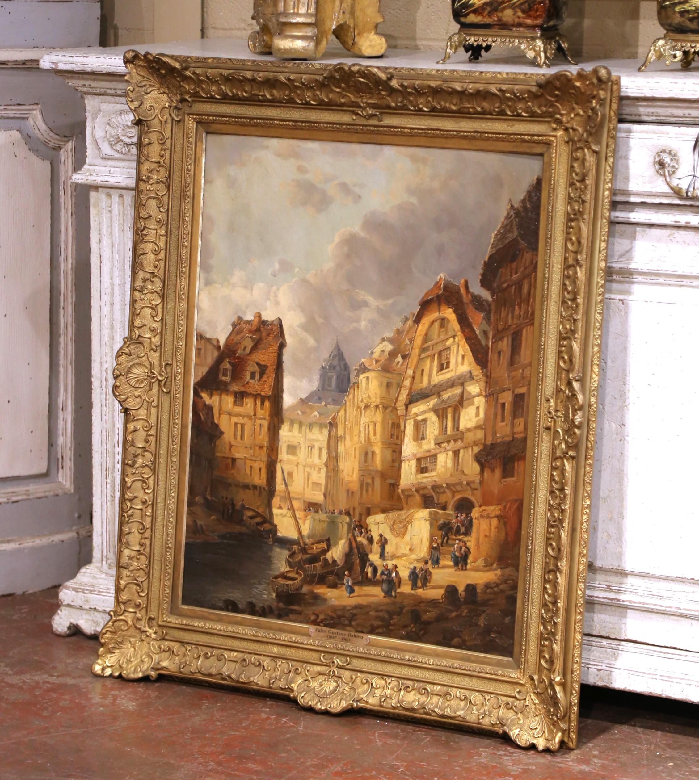 Faites entrer l'énergie d'un port européen animé du XIXe siècle dans votre maison grâce à cette huile sur toile magistrale. Peinte vers 1880 et signée dans le coin inférieur gauche par l'artiste Jules Gustave Bahieu, l'œuvre capture une scène