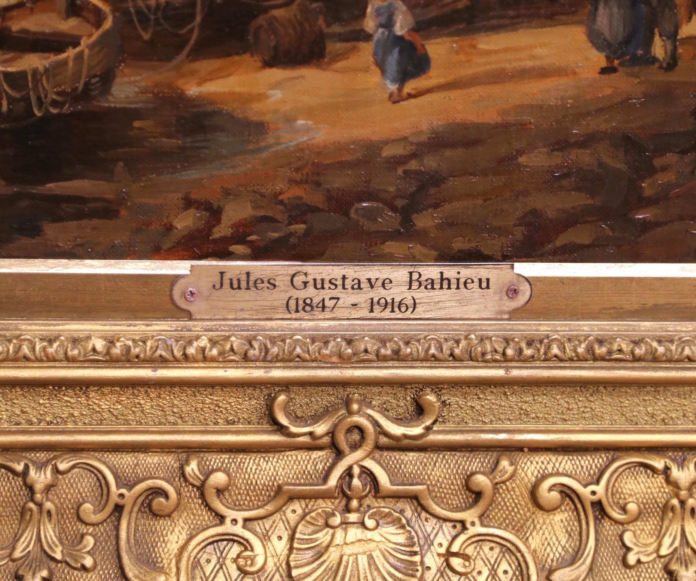 Sculpté XIXe siècle Belgique Scène de port Huile sur toile signée Jules Bahieu en vente