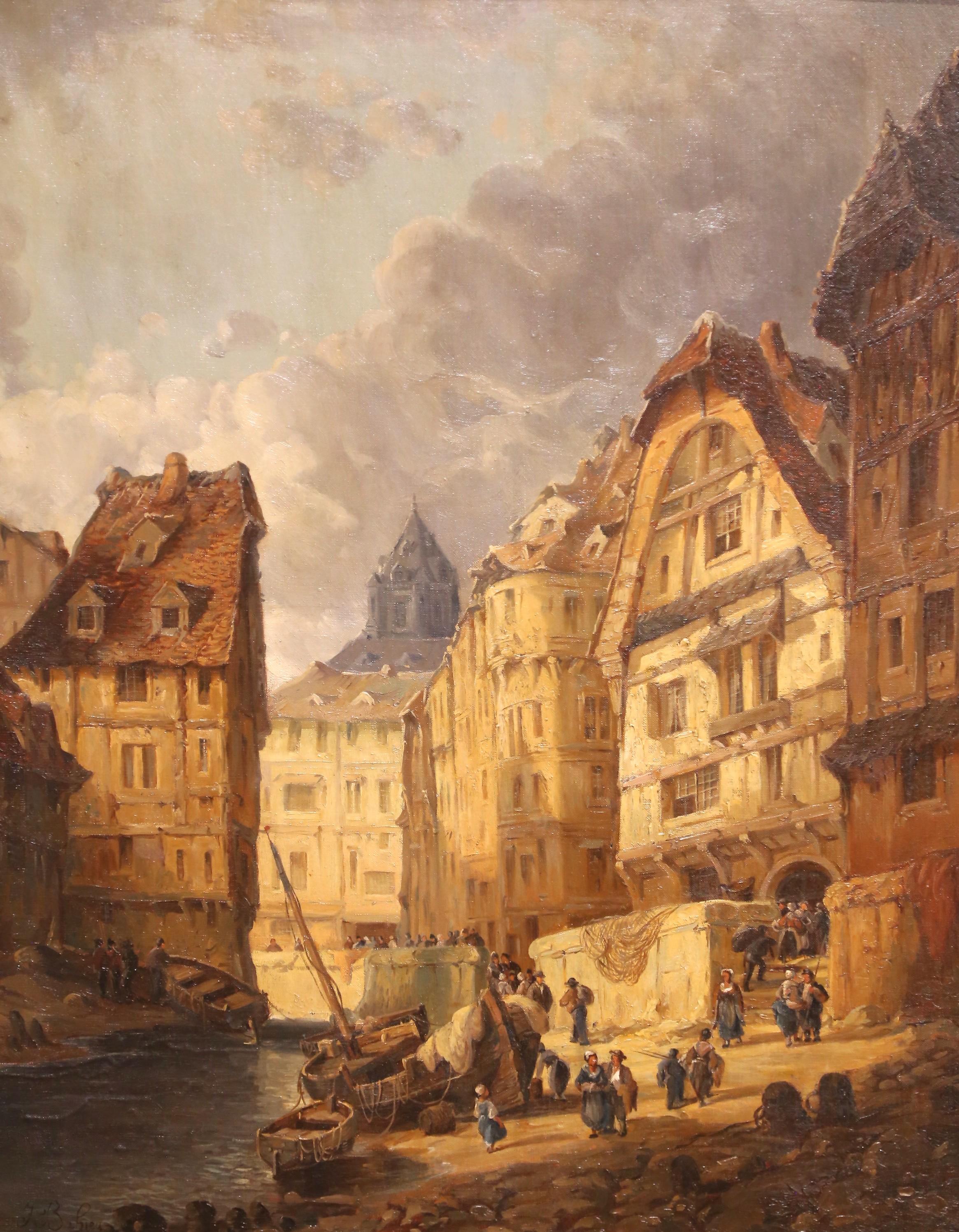 XIXe siècle Belgique Scène de port Huile sur toile signée Jules Bahieu Excellent état - En vente à Dallas, TX