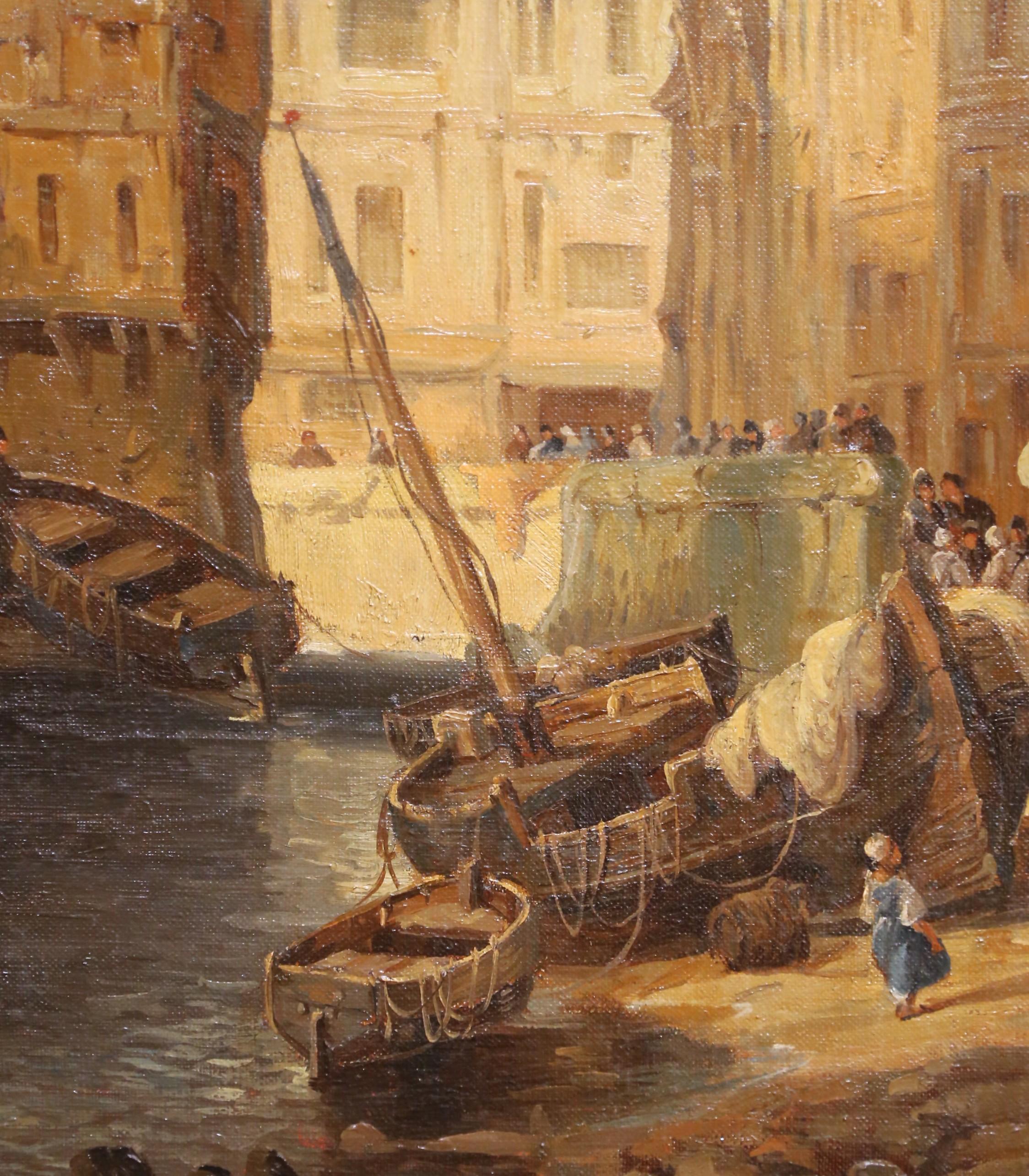 Bois doré XIXe siècle Belgique Scène de port Huile sur toile signée Jules Bahieu en vente