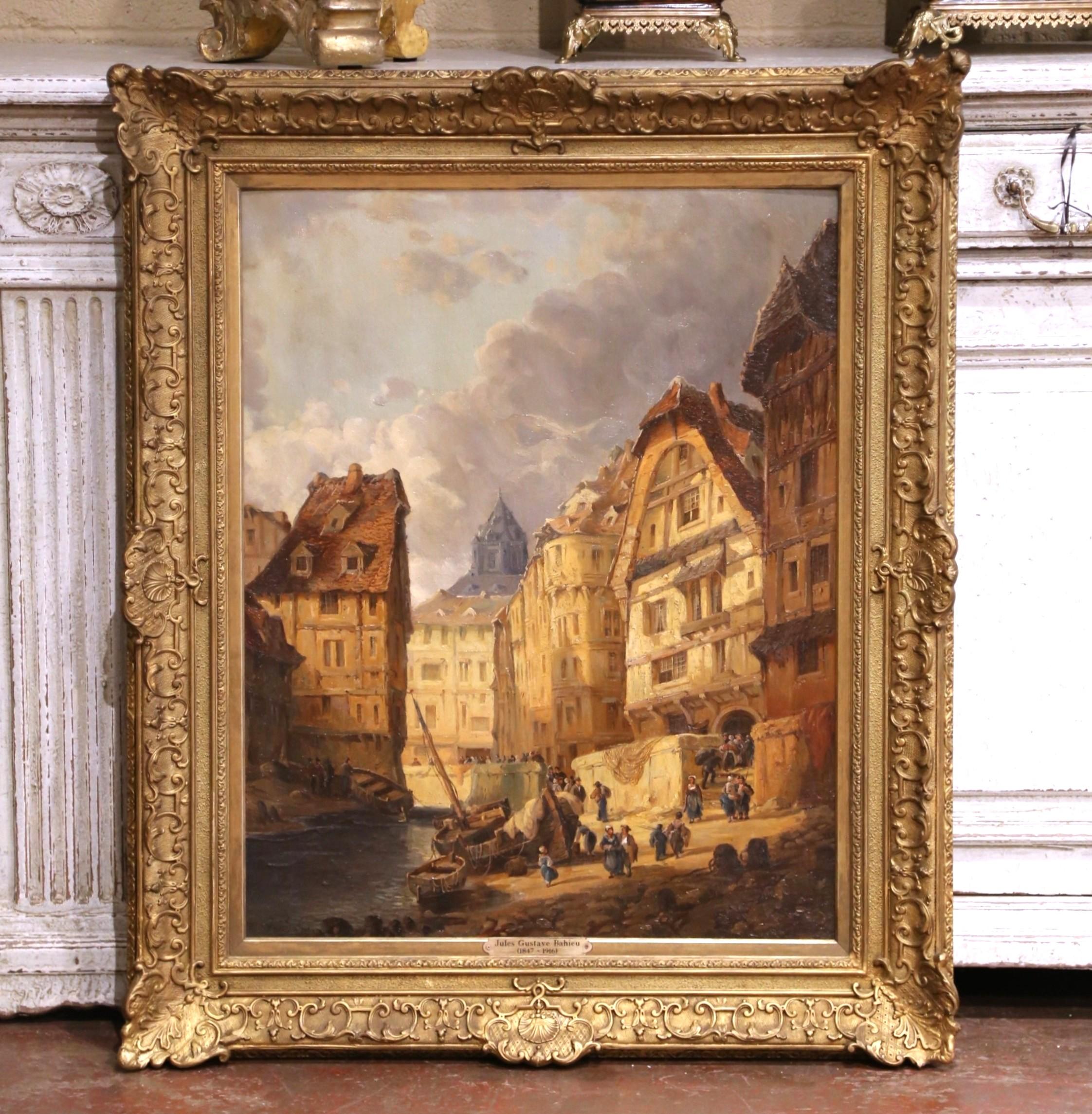 XIXe siècle Belgique Scène de port Huile sur toile signée Jules Bahieu en vente 2