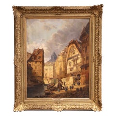 Siglo XIX Bélgica Escena portuaria Óleo sobre lienzo Pintura firmada Jules Bahieu