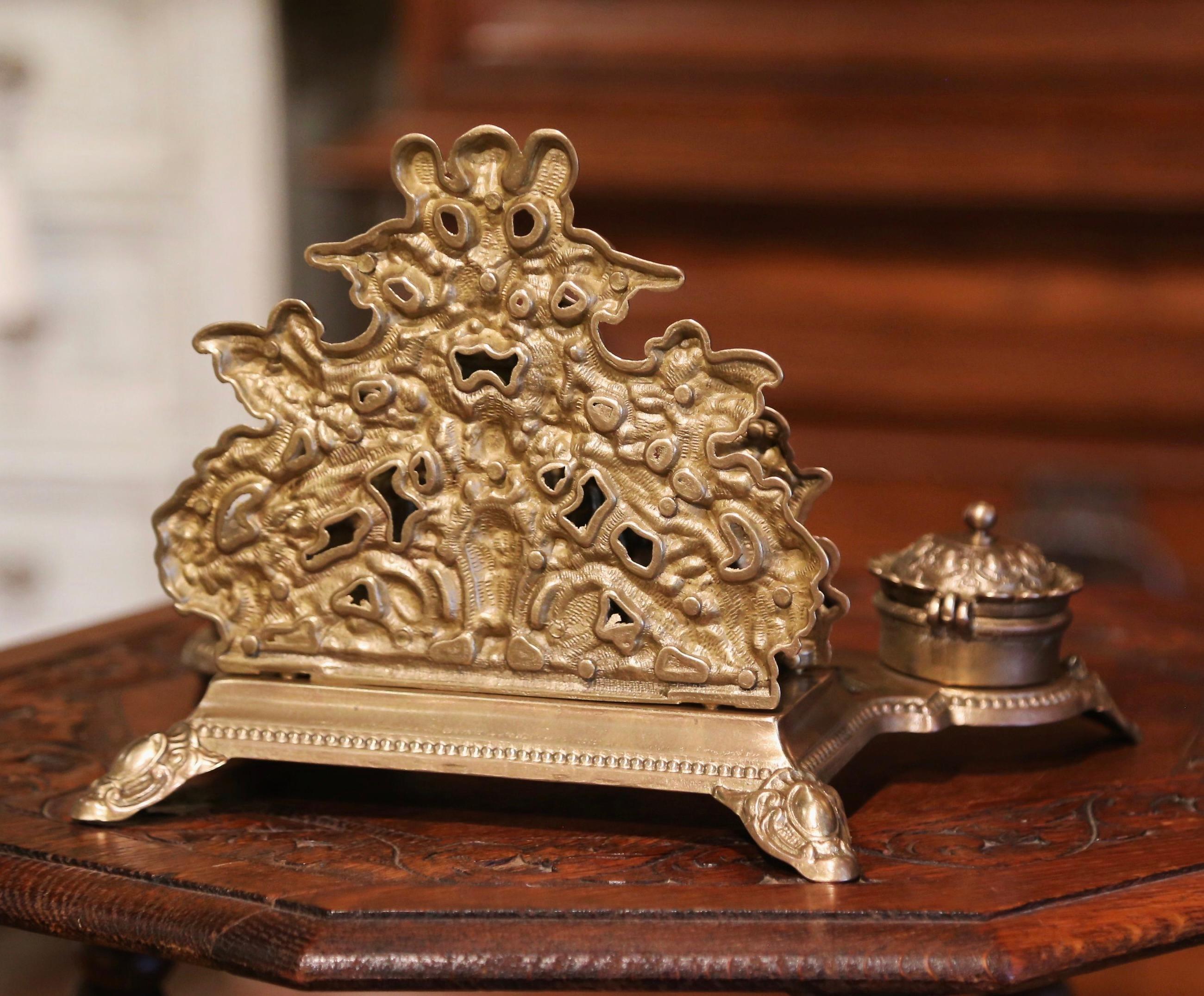 19th Century Belgium Louis XV Rococo Repousse Brass Inkwell with Letter Holder For Sale 3