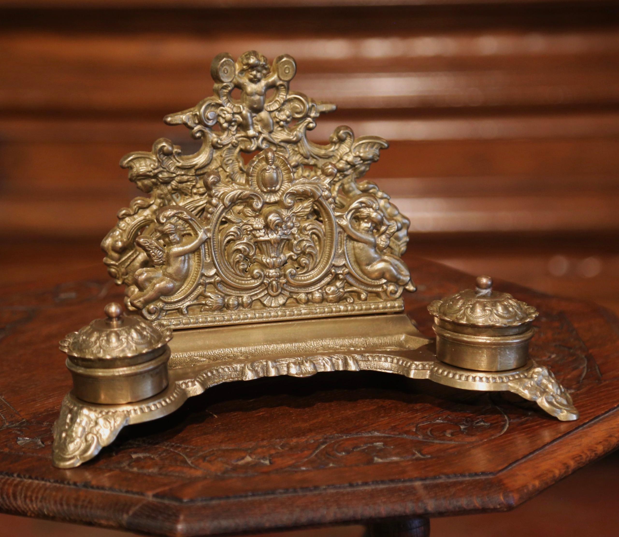 Gilt 19th Century Belgium Louis XV Rococo Repousse Brass Inkwell with Letter Holder For Sale