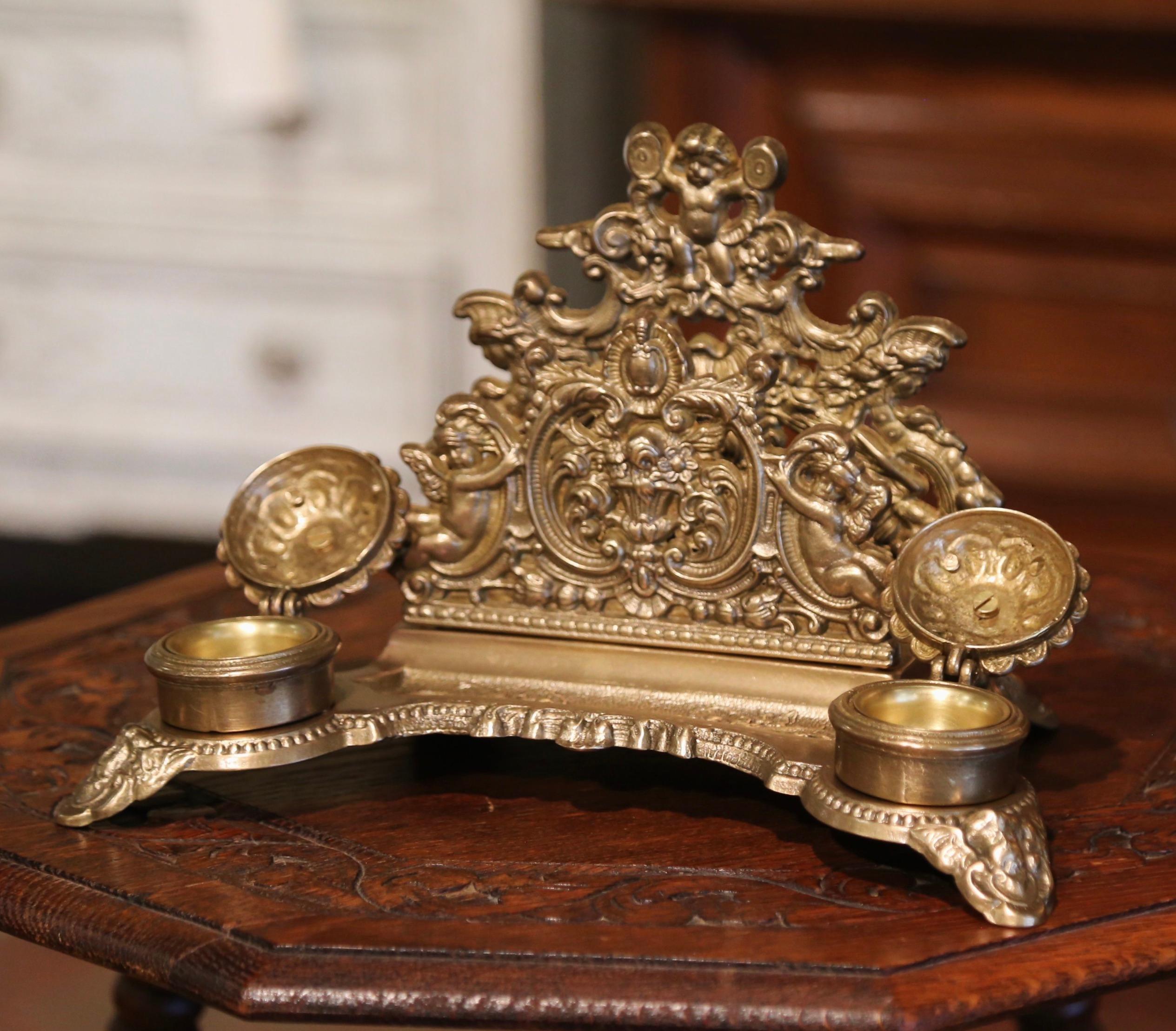 19th Century Belgium Louis XV Rococo Repousse Brass Inkwell with Letter Holder For Sale 1