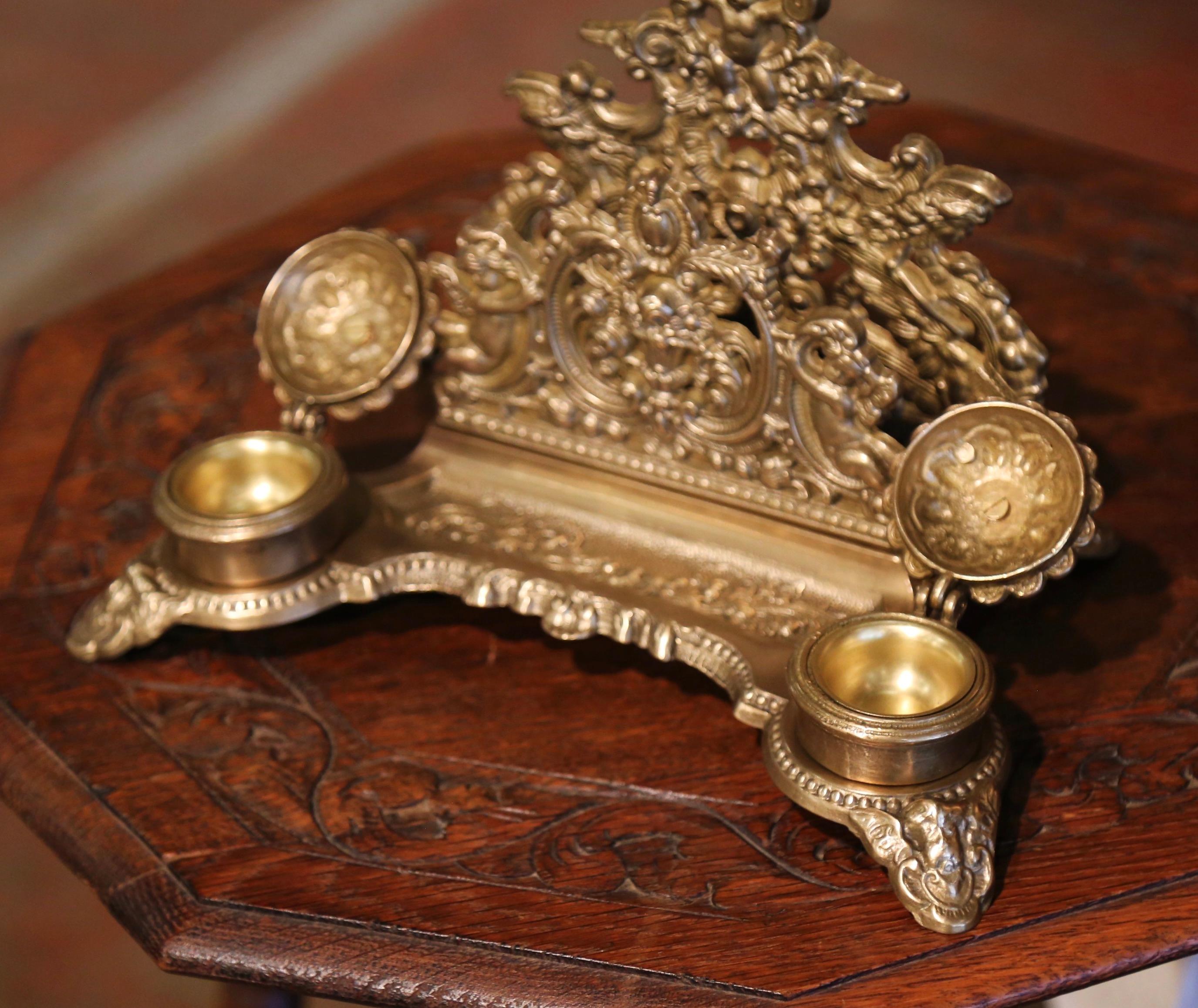 19th Century Belgium Louis XV Rococo Repousse Brass Inkwell with Letter Holder For Sale 2