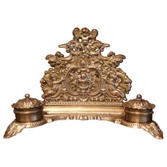 Antique 19th Century Belgium Louis XV Rococo Repousse Brass Inkwell with Letter Holder