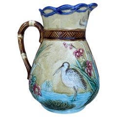 19th Century Belgium Majolica Bird Stork Pitcher