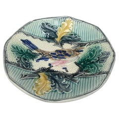 19th Century Belgium Majolica Bird With Oak Leaves Plate Wasmuel