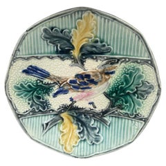19th Century Belgium Majolica Bird With Oak Leaves Plate Wasmuel