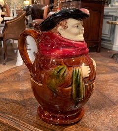 19th Century Belgium Painted Ceramic Barbotine Monk Pitcher from Nimy-Les-Mons