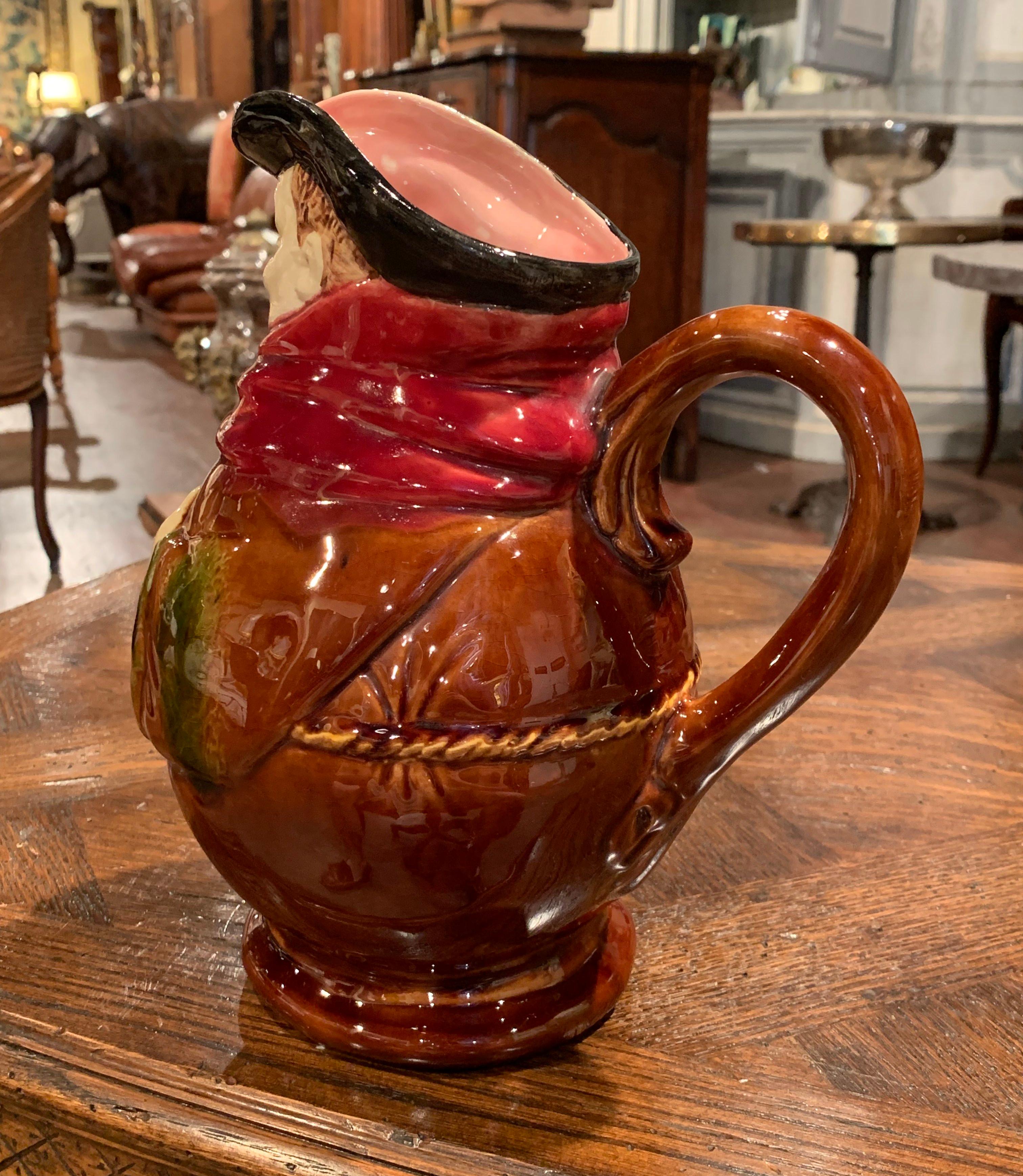 19th Century Belgium Painted Ceramic Barbotine Monk Pitcher from Nimy-Les-Mons In Excellent Condition In Dallas, TX