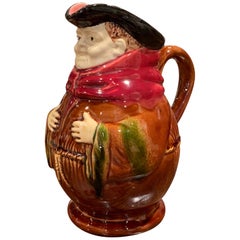 19th Century Belgium Painted Ceramic Barbotine Monk Pitcher from Nimy-Les-Mons