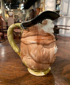 Jarra de monje barbotino de cerámica pintada francesa del siglo XIX procedente de Onnaing