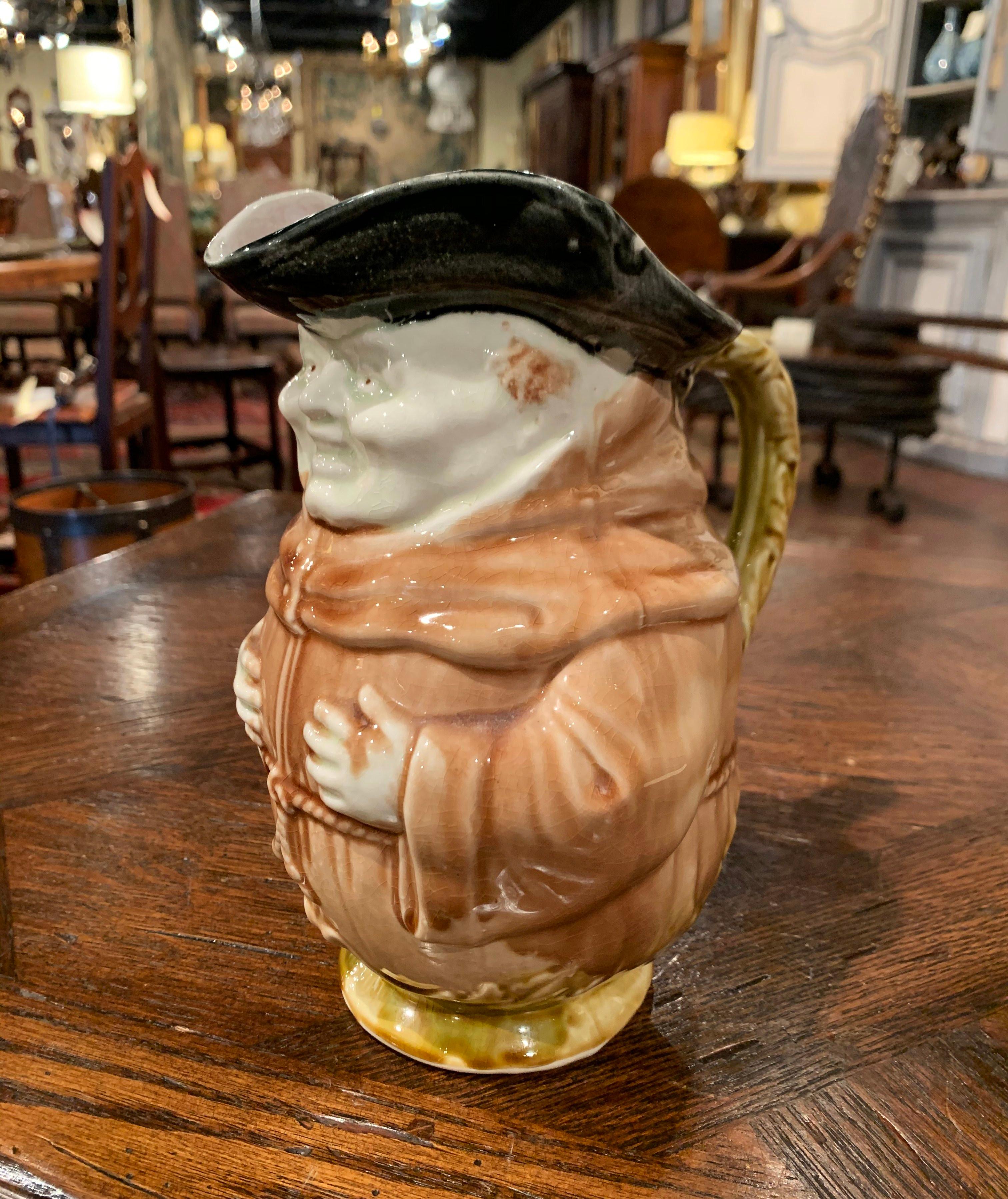 Hand-Crafted 19th Century French Painted Ceramic Barbotine Monk Pitcher from Onnaing For Sale