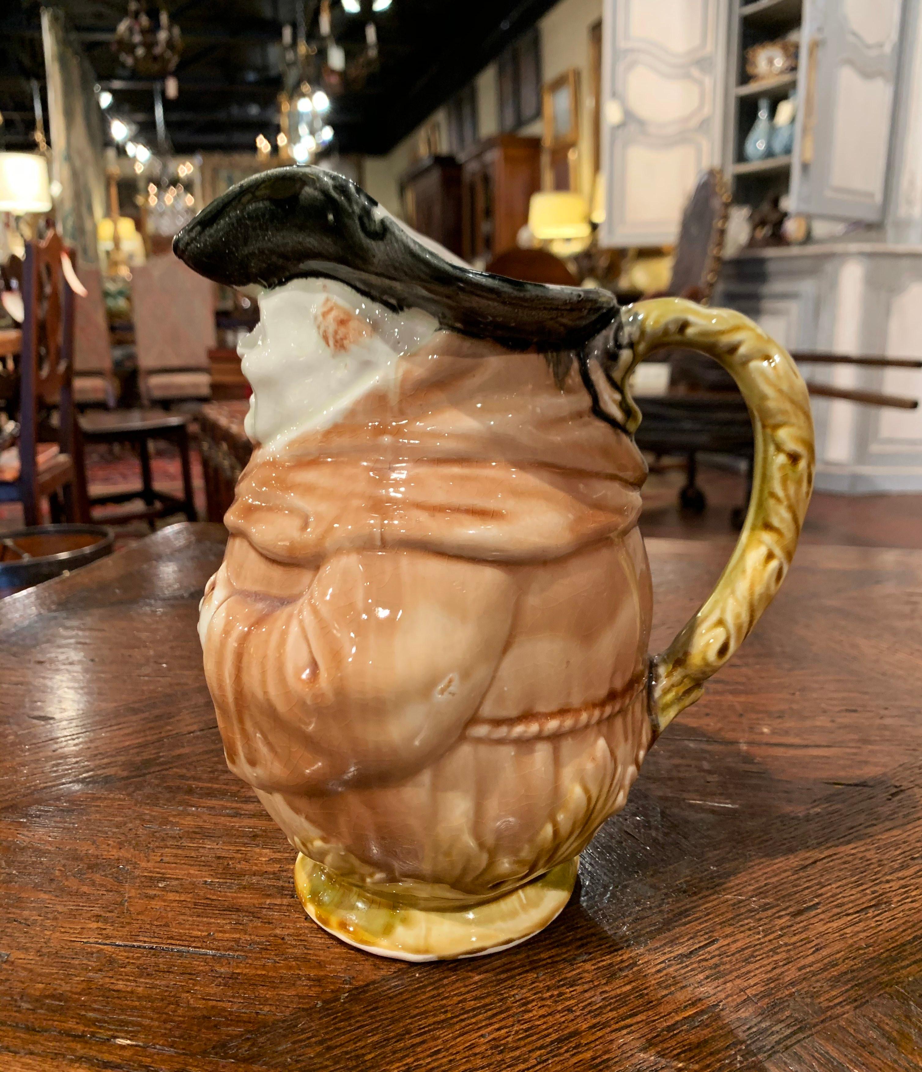 19th Century French Painted Ceramic Barbotine Monk Pitcher from Onnaing In Excellent Condition For Sale In Dallas, TX