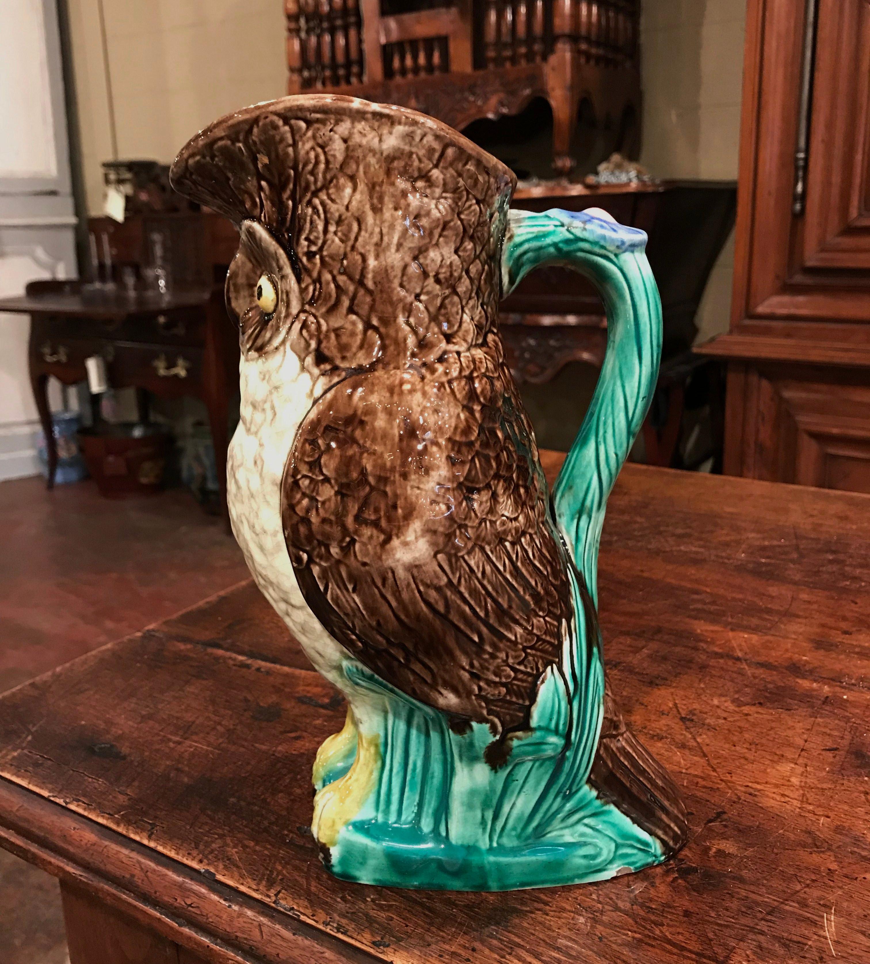 Belgian 19th Century Belgium Painted Ceramic Barbotine Owl Pitcher from Nimy-Les-Mons