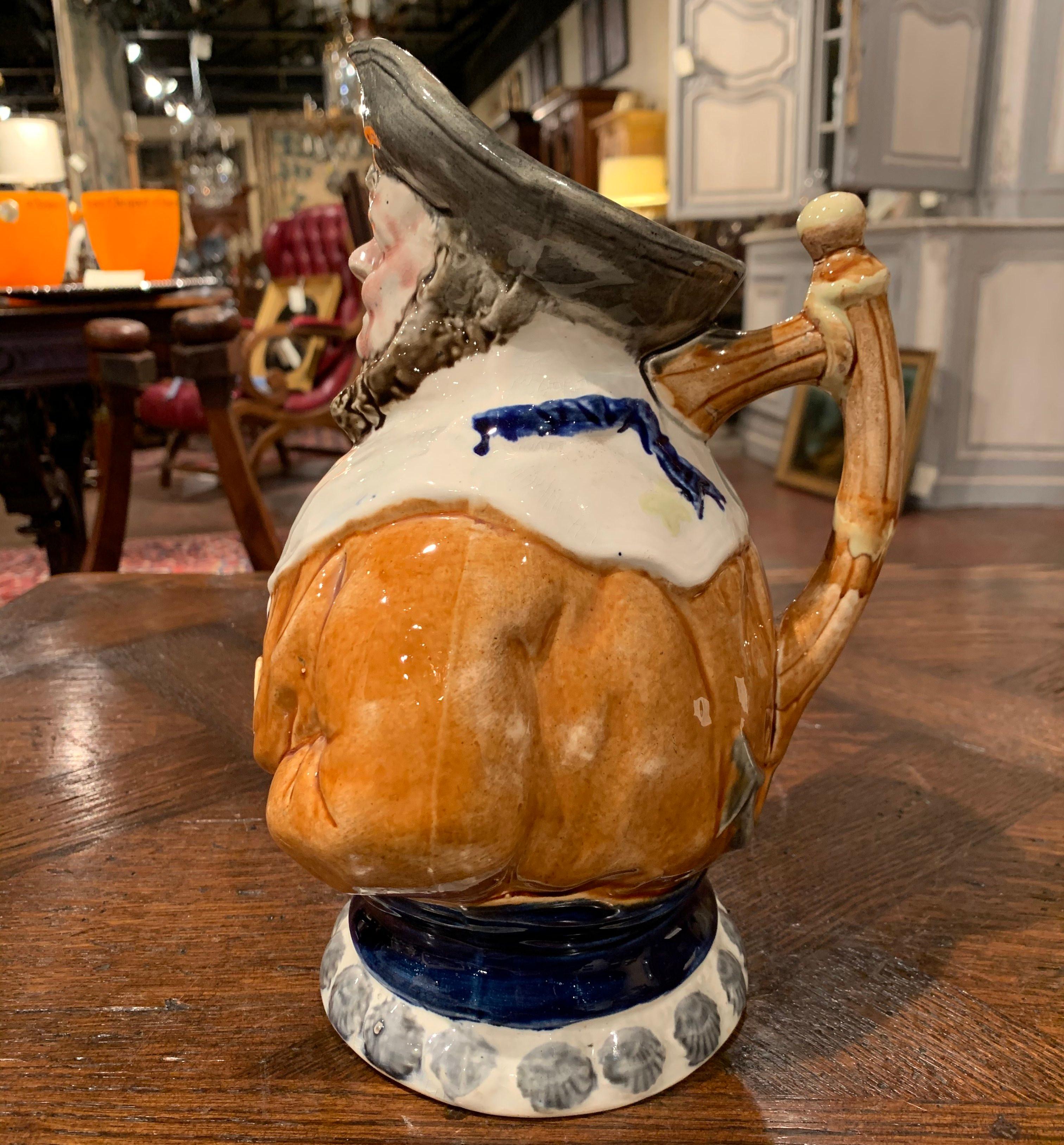 Hand-Crafted 19th Century Belgium Painted Ceramic Barbotine Sailor Pitcher from Nimy Les Mons For Sale
