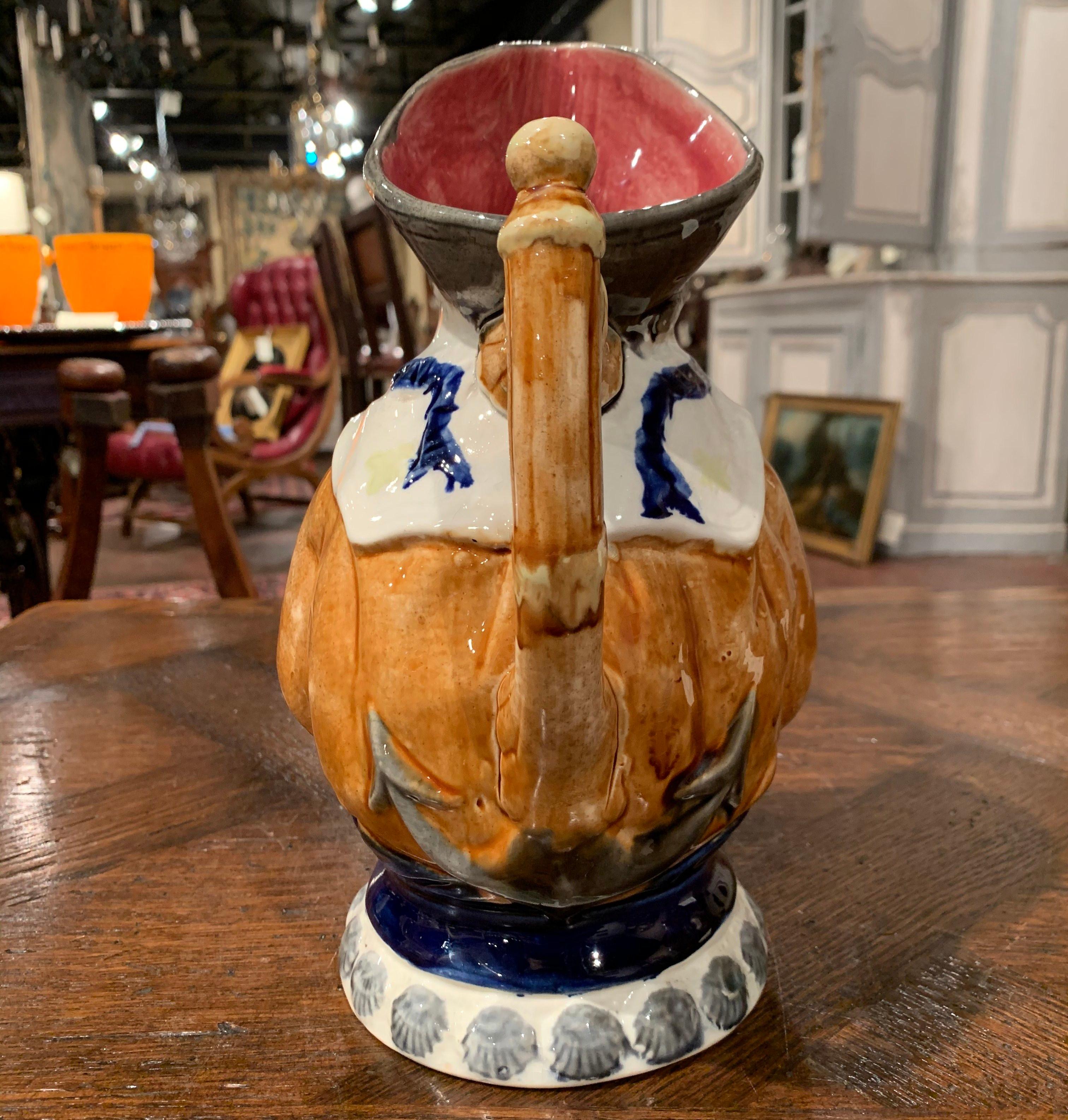19th Century Belgium Painted Ceramic Barbotine Sailor Pitcher from Nimy Les Mons In Excellent Condition For Sale In Dallas, TX