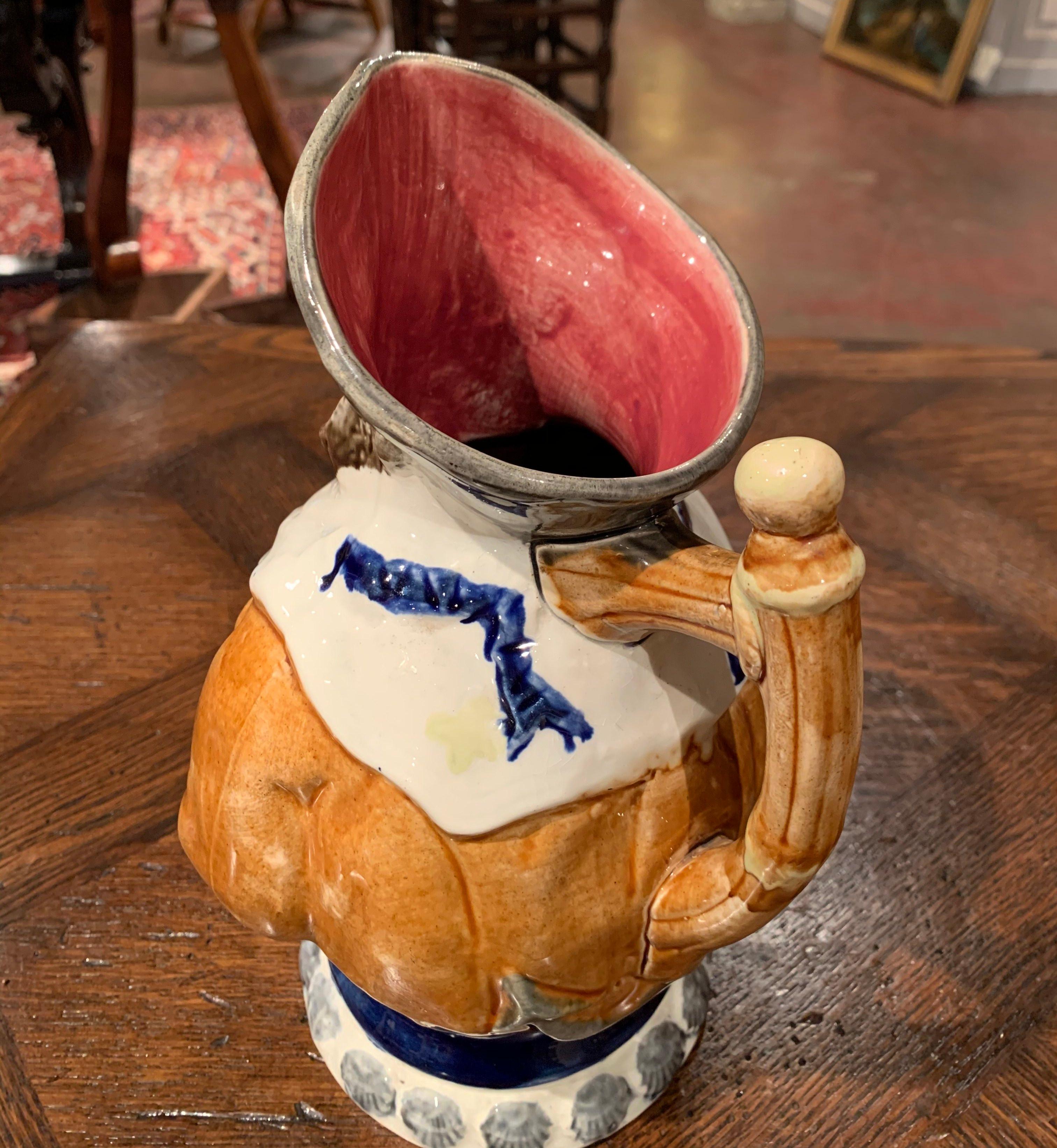 19th Century Belgium Painted Ceramic Barbotine Sailor Pitcher from Nimy Les Mons For Sale 1