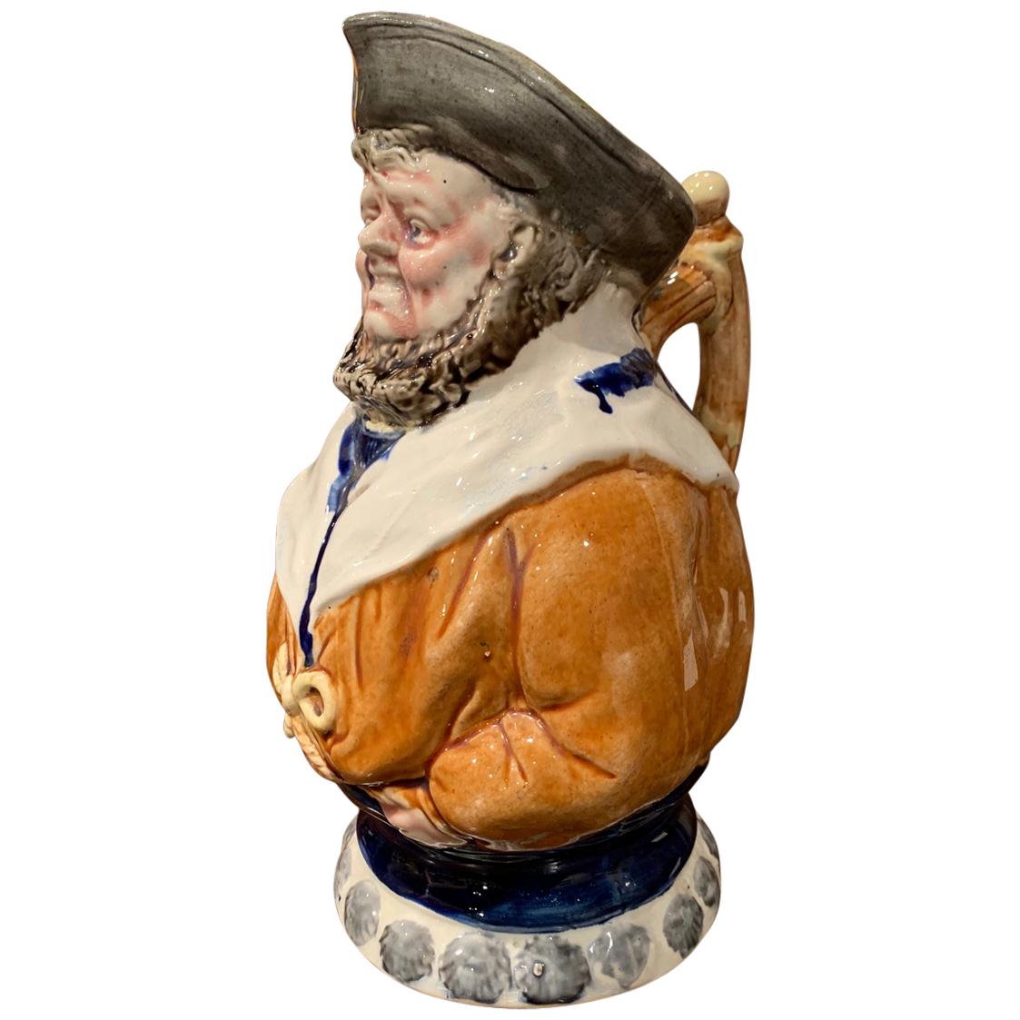 19th Century Belgium Painted Ceramic Barbotine Sailor Pitcher from Nimy Les Mons For Sale