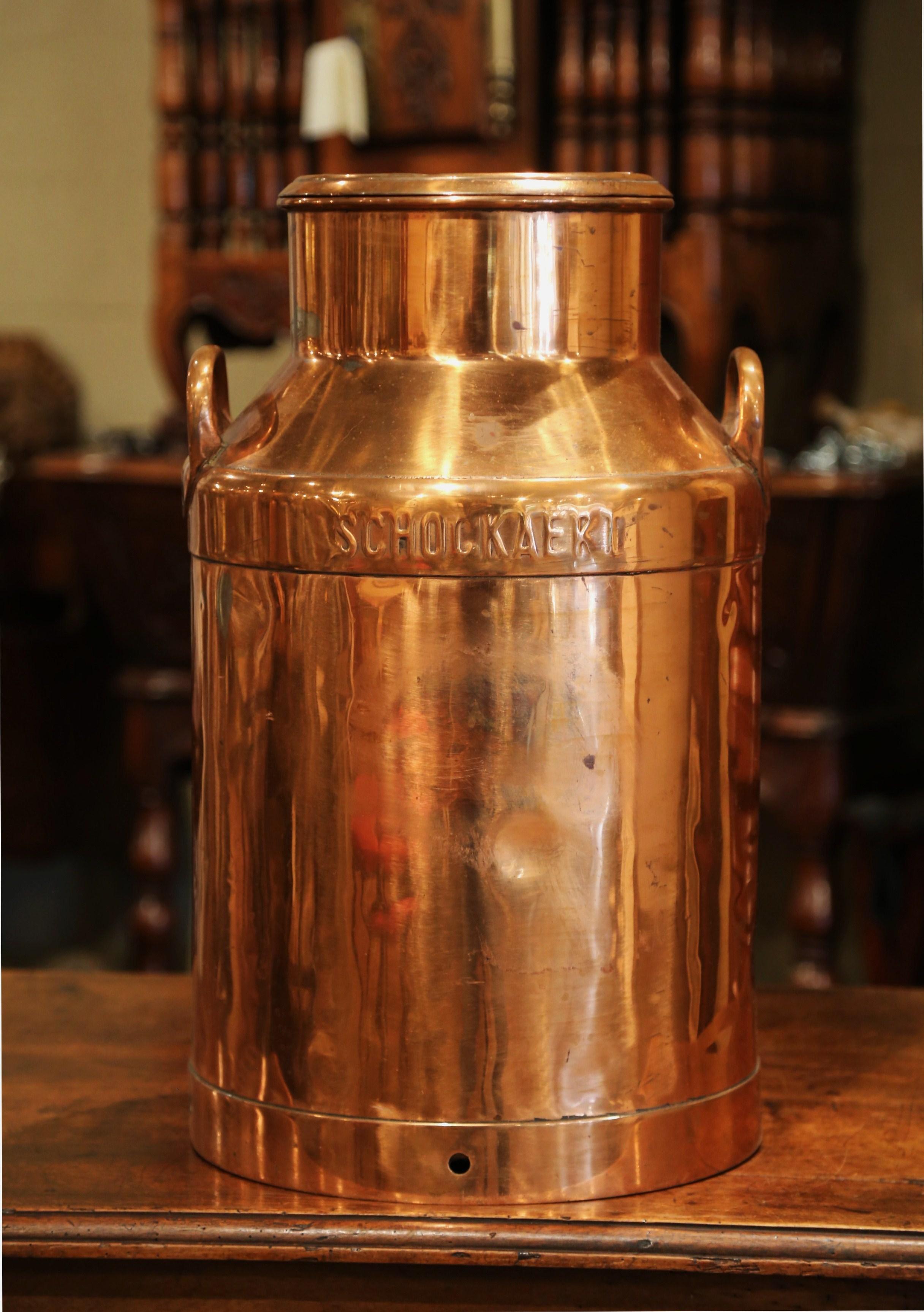 Hand-Crafted 19th Century Belgium Polished Copper Plated Milk Container with Handles and Lid