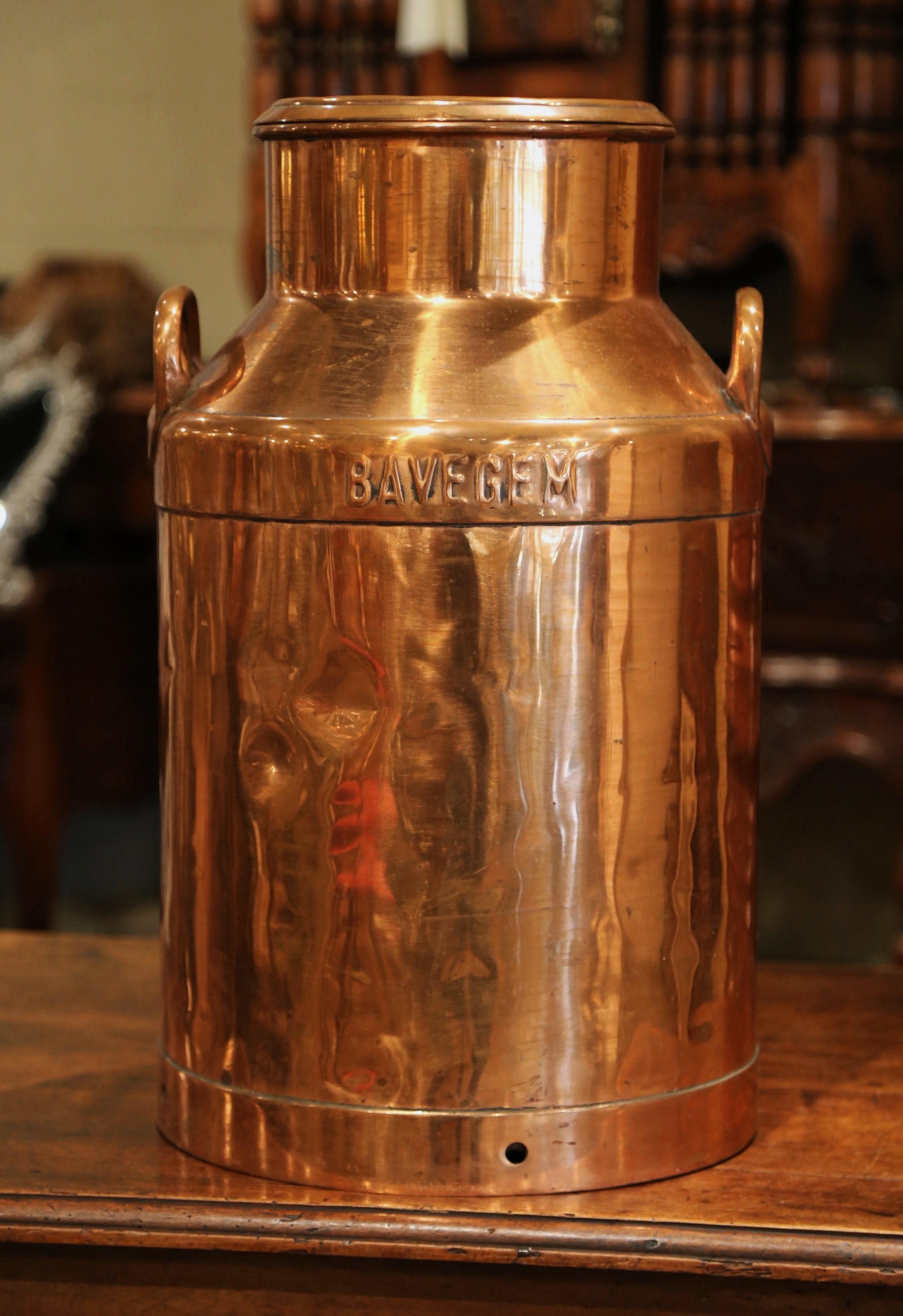 19th Century Belgium Polished Copper Plated Milk Container with Handles and Lid In Excellent Condition In Dallas, TX