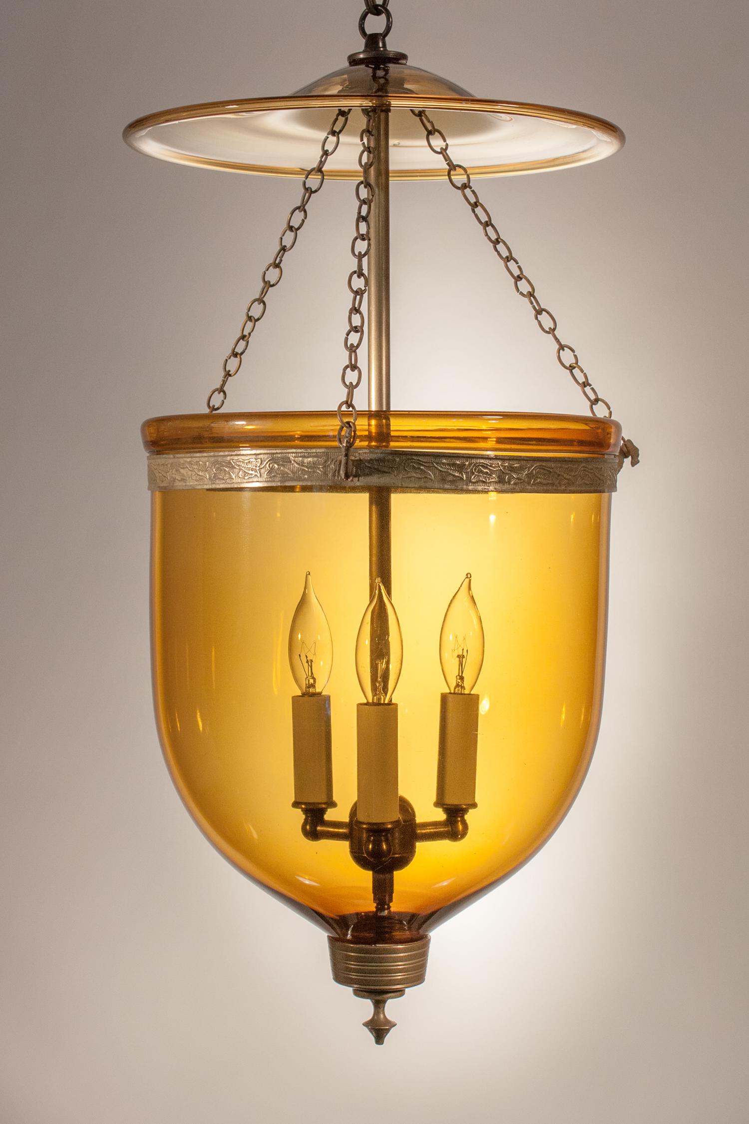 High Victorian Antique Bell Jar Lantern with Amber Colored Glass