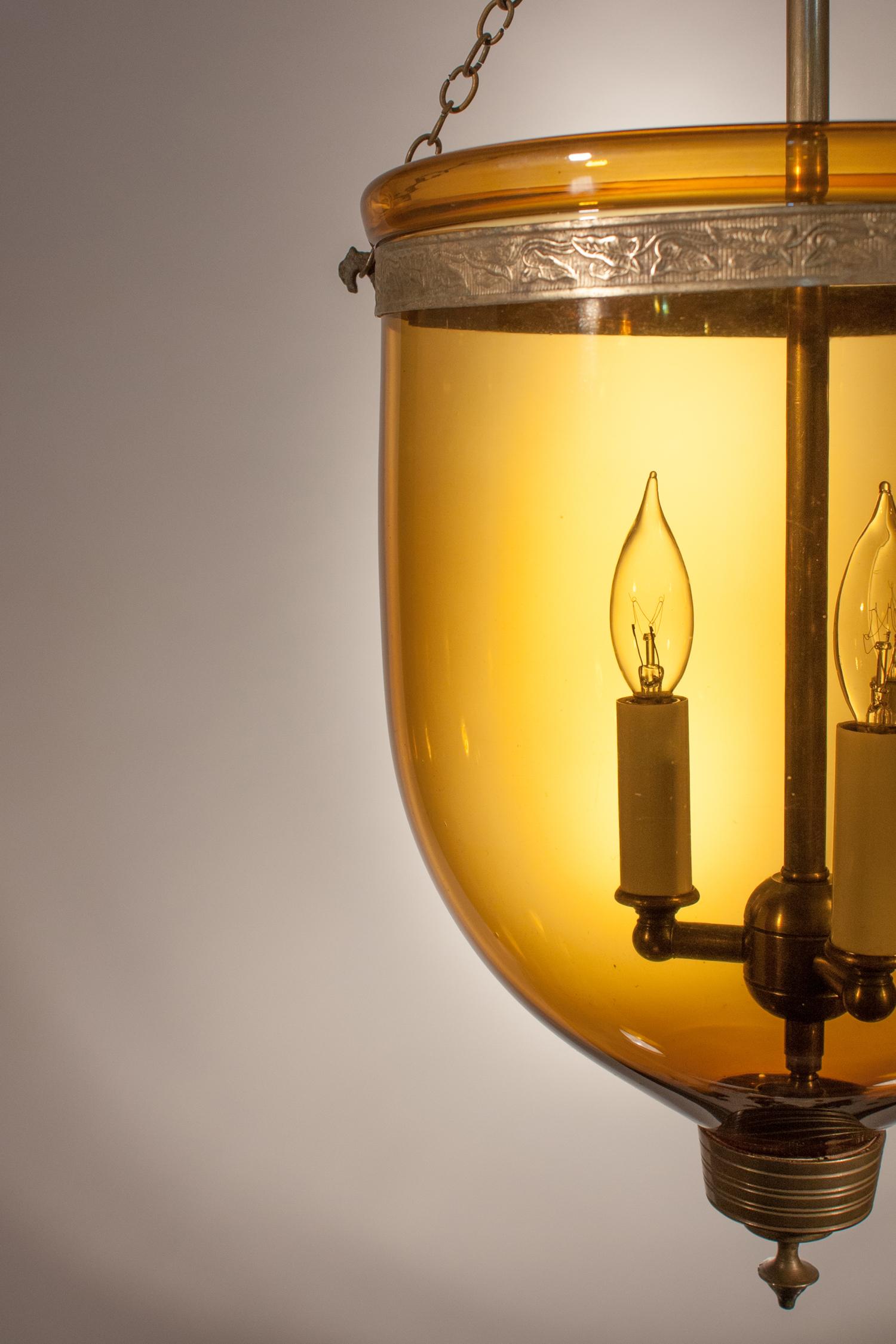 19th Century Antique Bell Jar Lantern with Amber Colored Glass