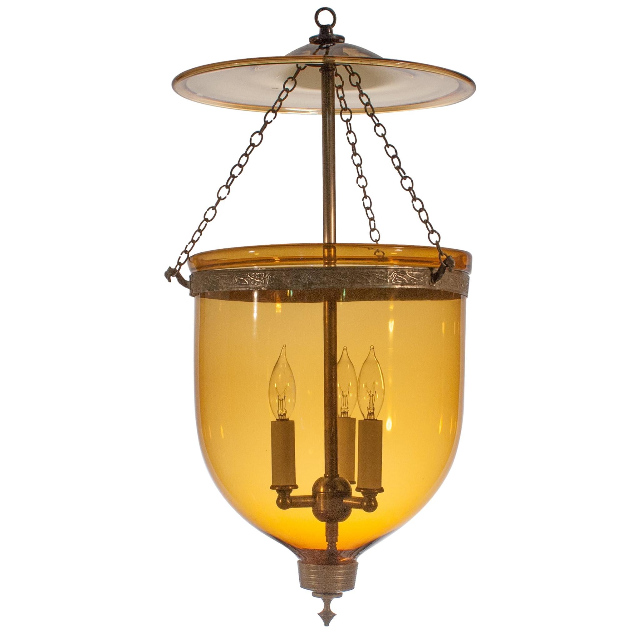 Antique Bell Jar Lantern with Amber Colored Glass