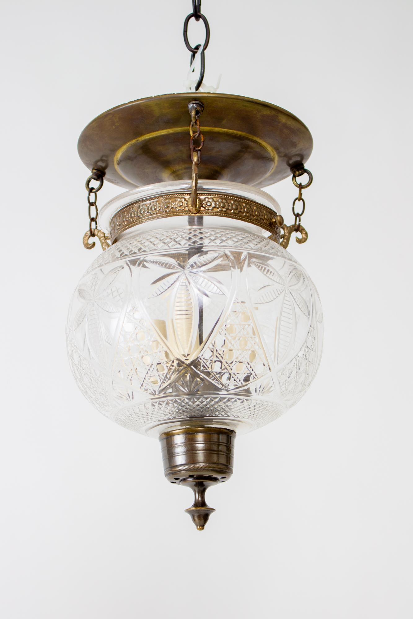 Brass 19th Century Bell Jar Lantern With Cross Hatch Pattern