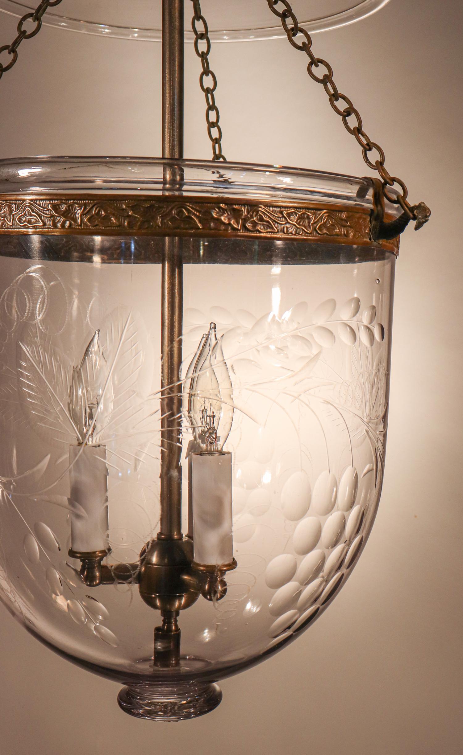 English Antique Bell Jar Lantern with Grape and Leaf Etching