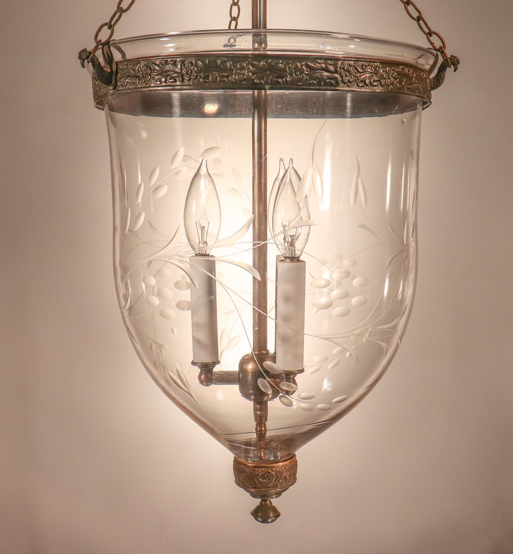 High Victorian Antique Bell Jar Lantern with Vine Etching