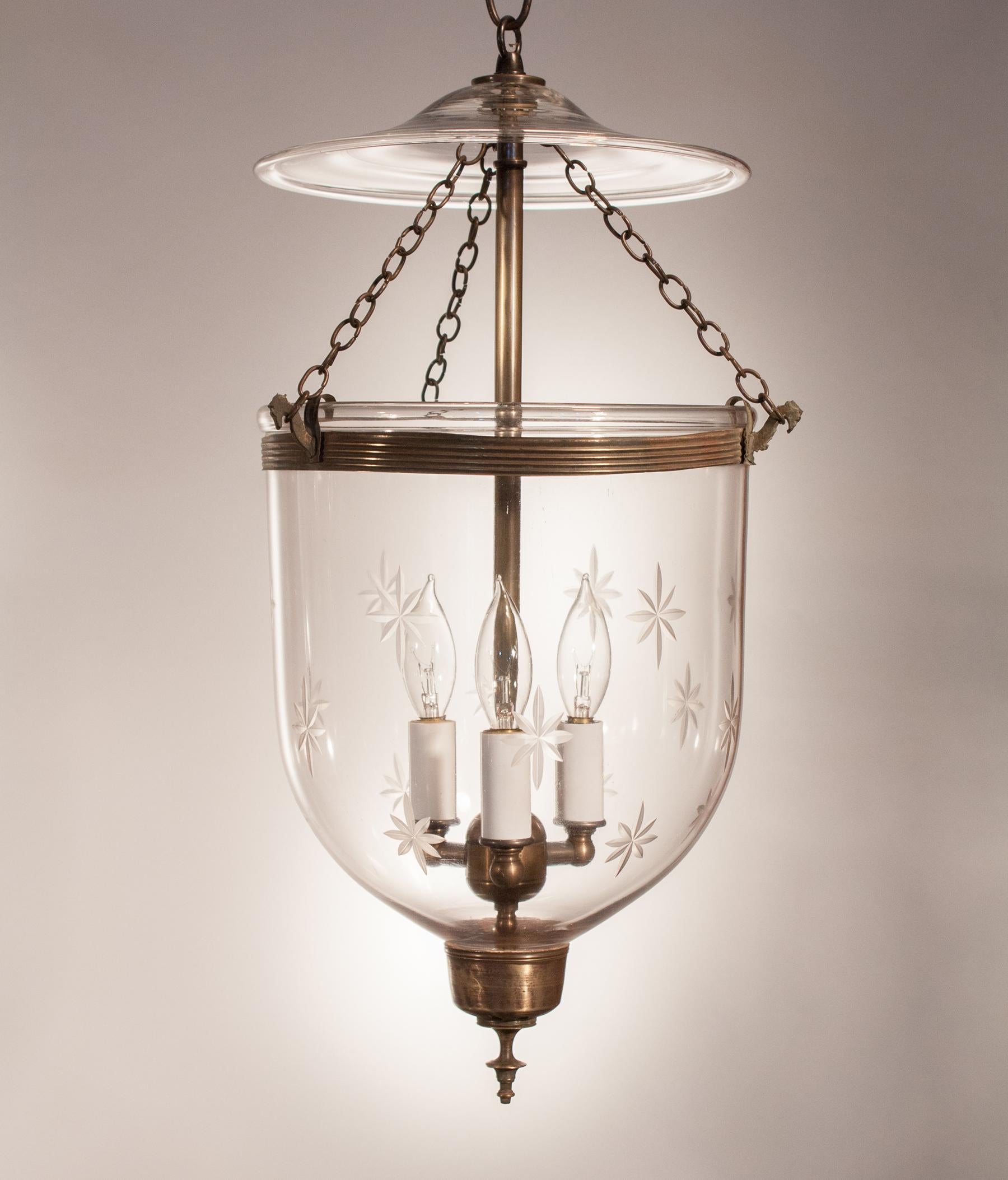  Pair of Bell Jar Lanterns with Etched Stars In Good Condition In Heath, MA