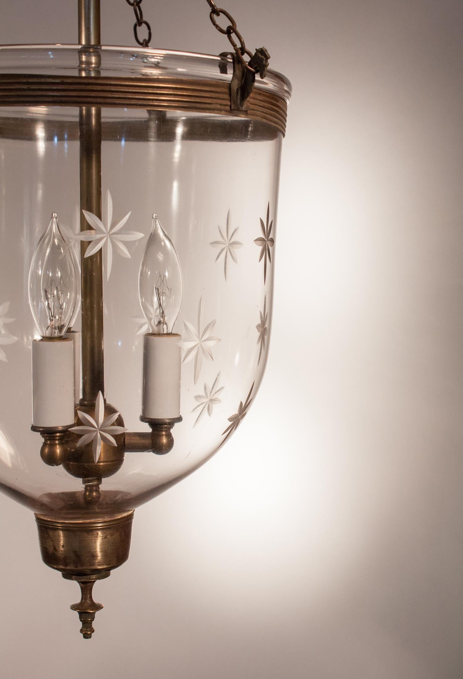 Brass Pair of Bell Jar Lanterns with Etched Stars