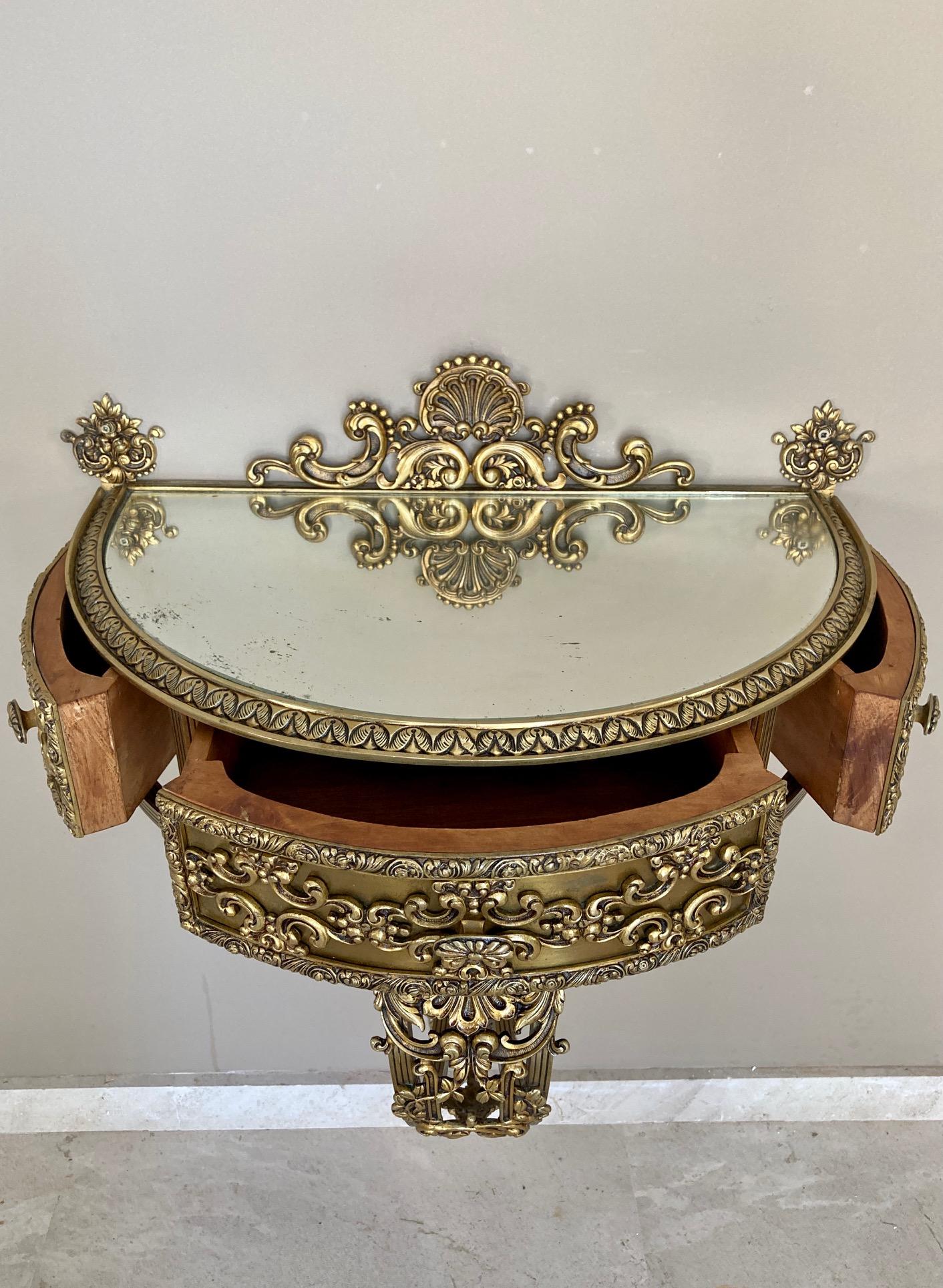 19th Century Belle Époque French Bronze Mirror and Brass Pair of Nightstands 6