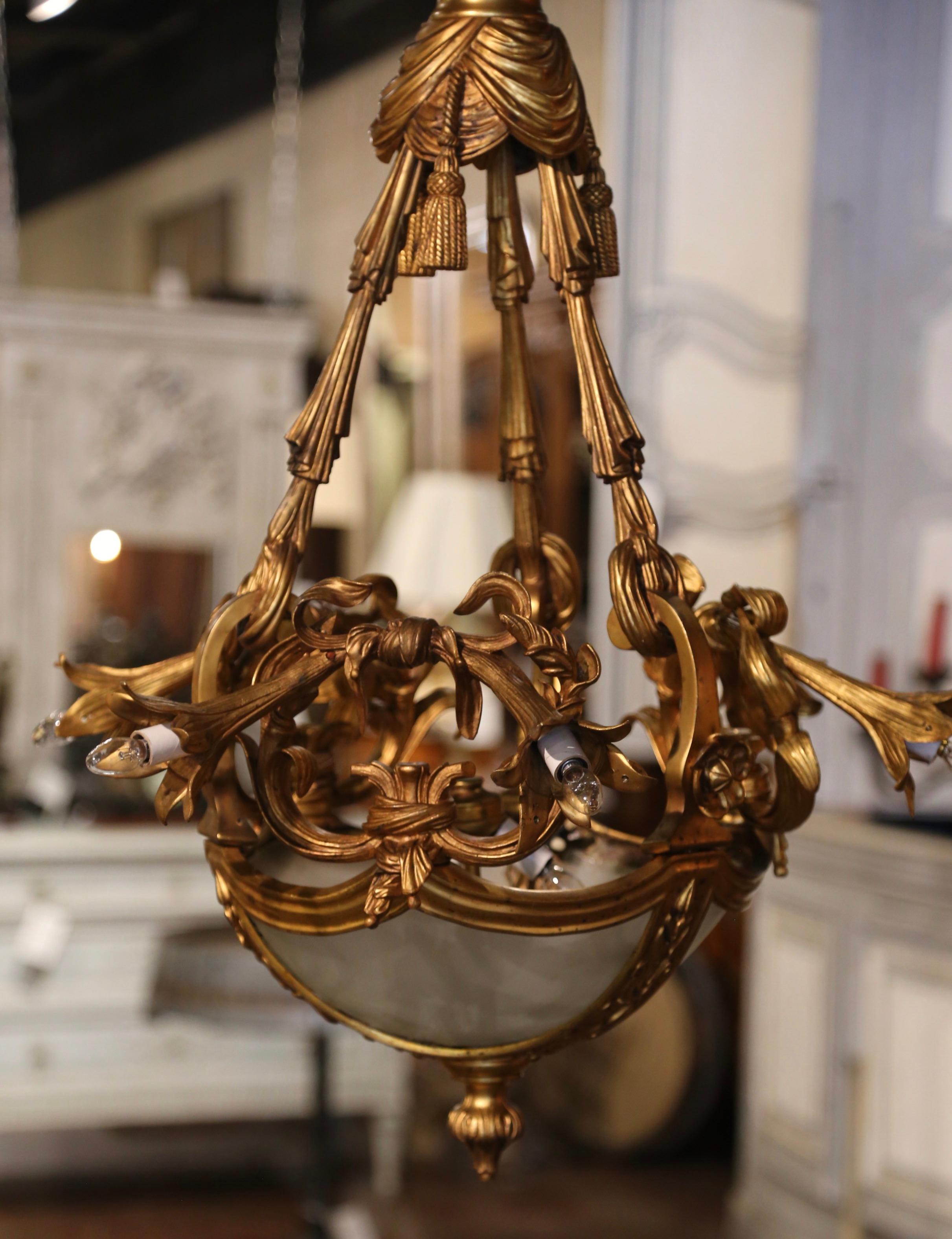 Belle Époque 19th Century Belle Epoque Gilt Bronze and Frosted Glass Nine-Light Chandelier For Sale