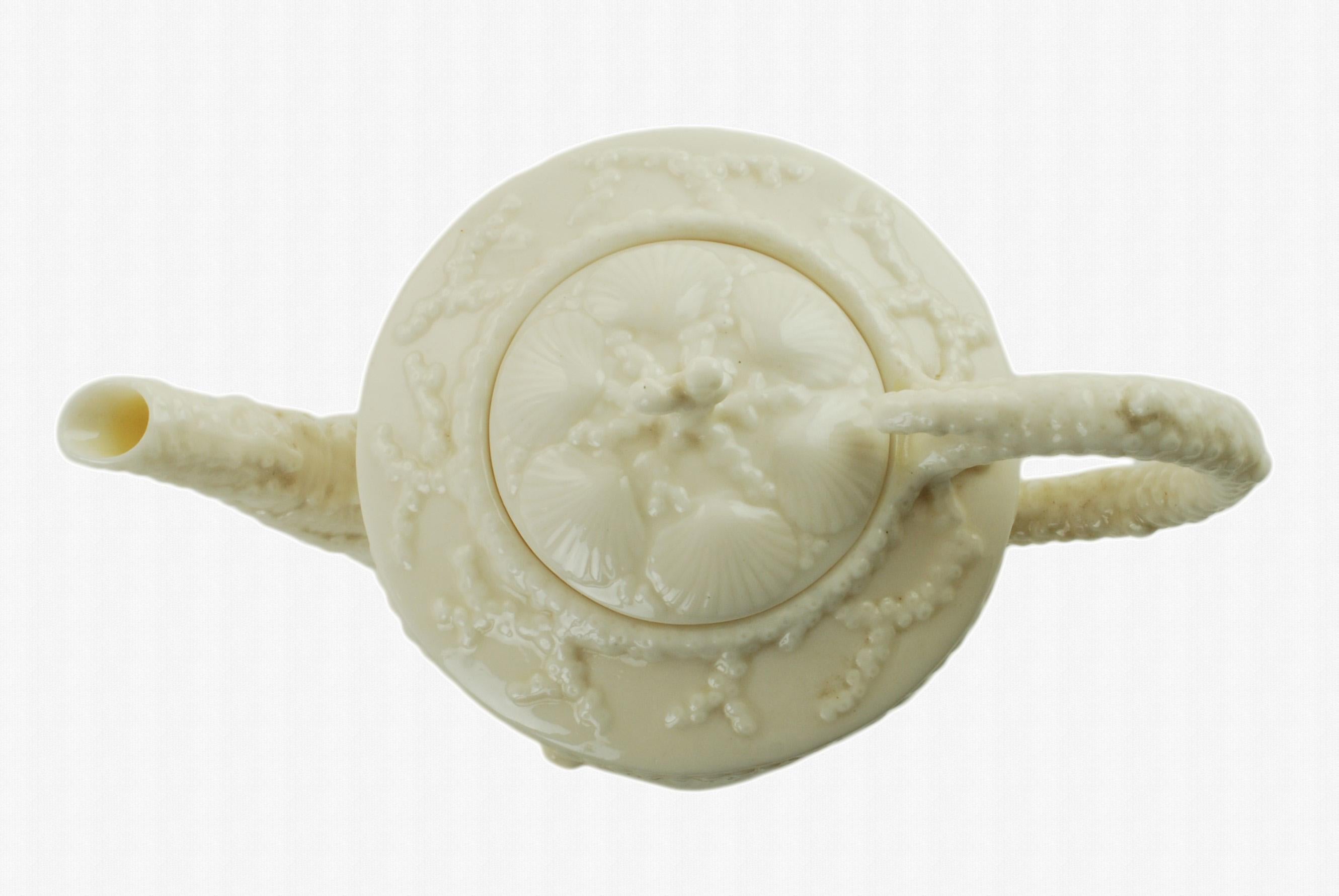Glazed 19th Century Belleek Footed Shell Porcelain Teapot, Second Period