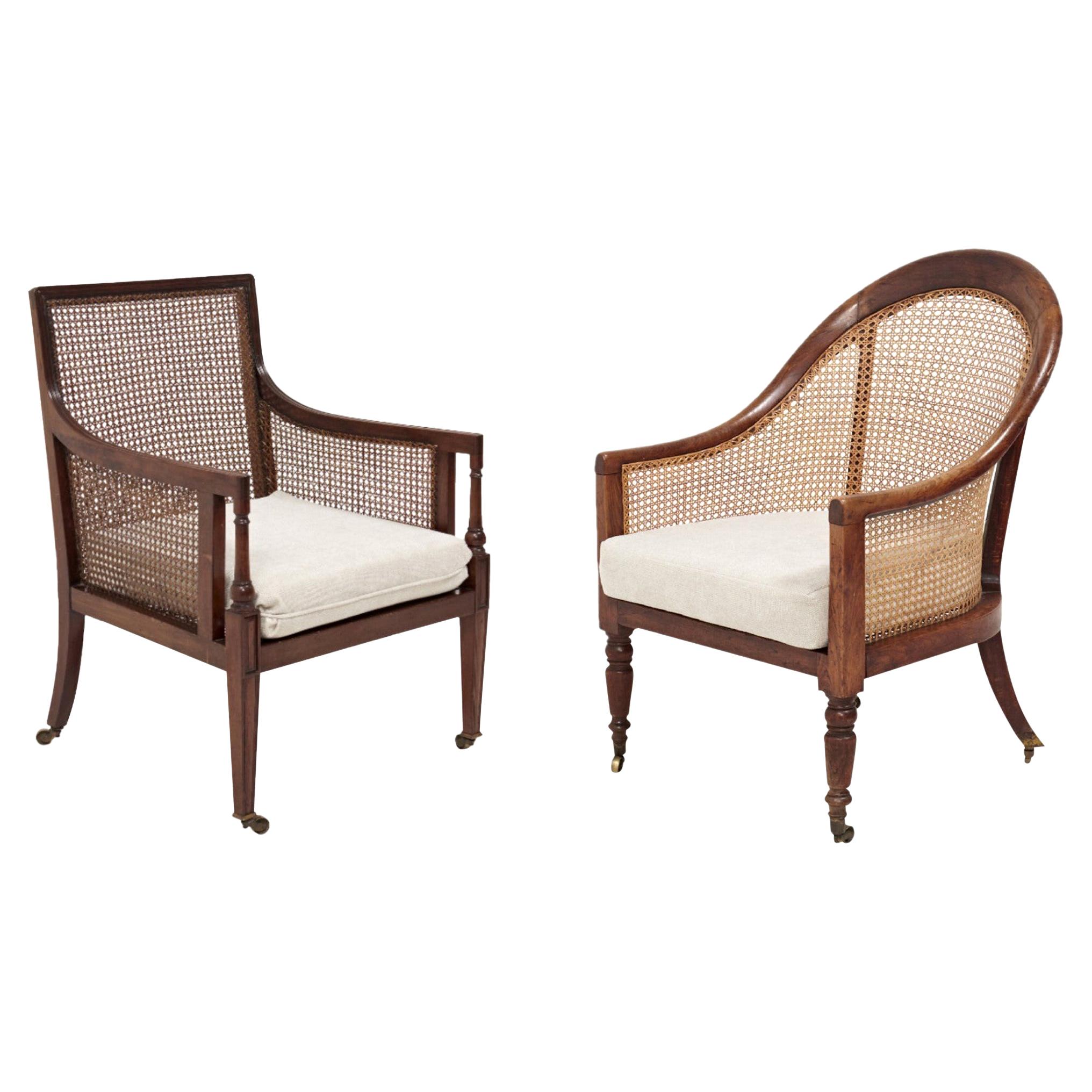 19th Century Bergère Beech Armchairs with Caned Backs, Set of 2