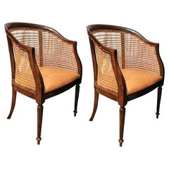 19th Century Bergère Beech & Leather Armchairs Empire Legs