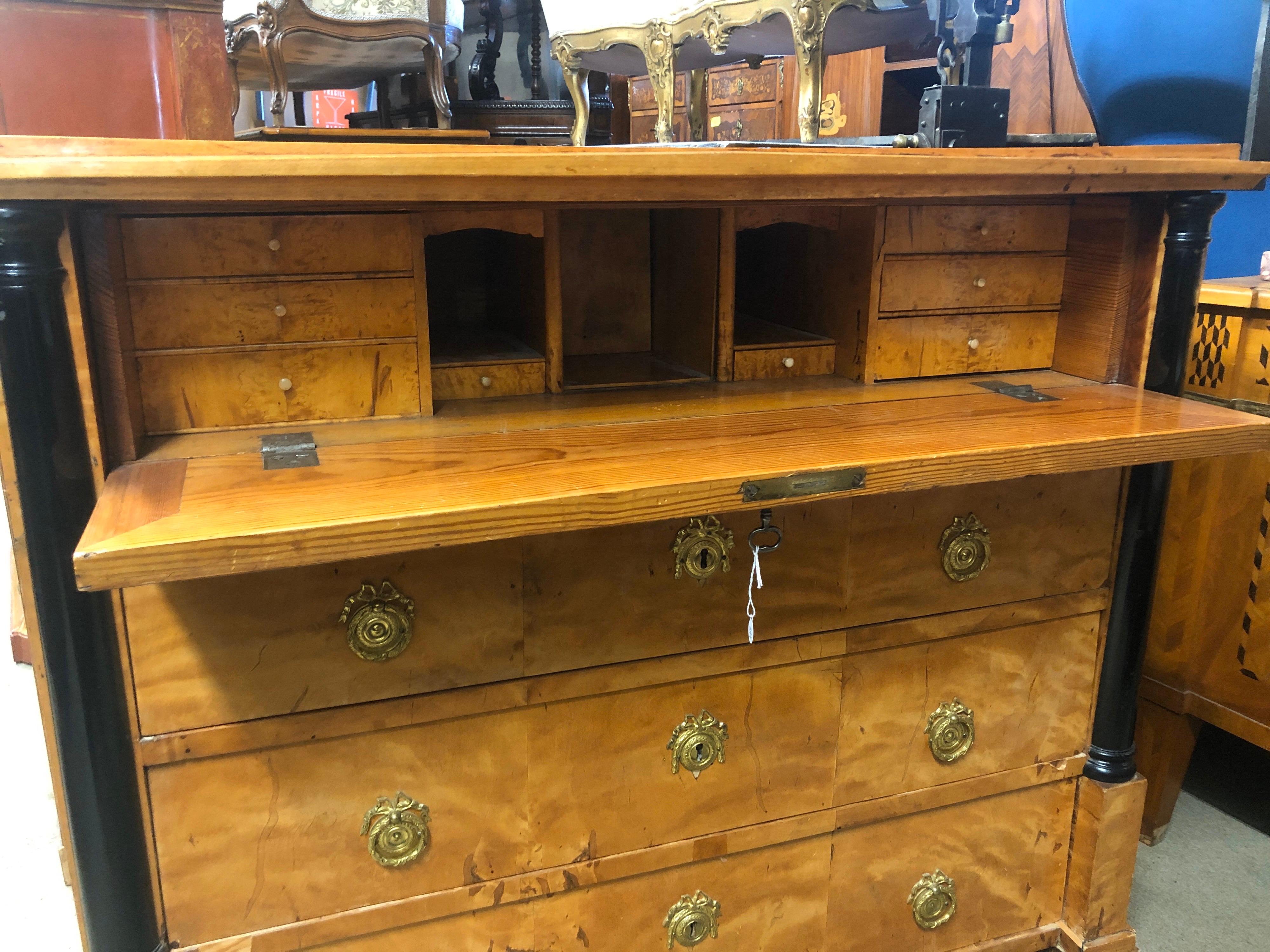 Swedish 19th Century Biedermeier Birch Wood Chest of Drawers Secretaire, 1830s