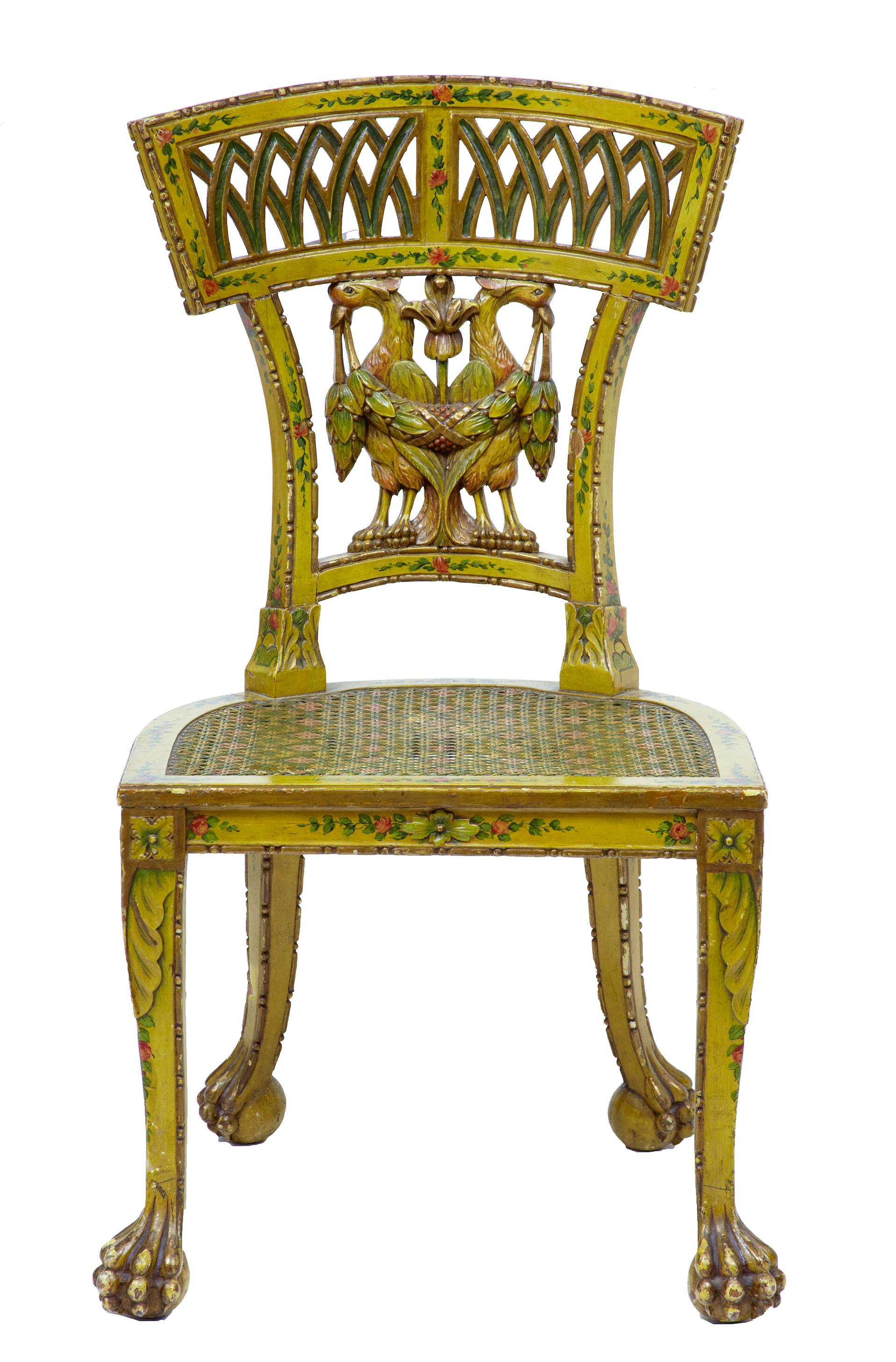 19th century Biedermeier carved and painted cane chair circa 1800.

A fine example of early Austrian Biedermeier furniture. Shaped backrest with pierced detailing, main feature being the germanic coat of arms in the backrest. Chair is beautifully