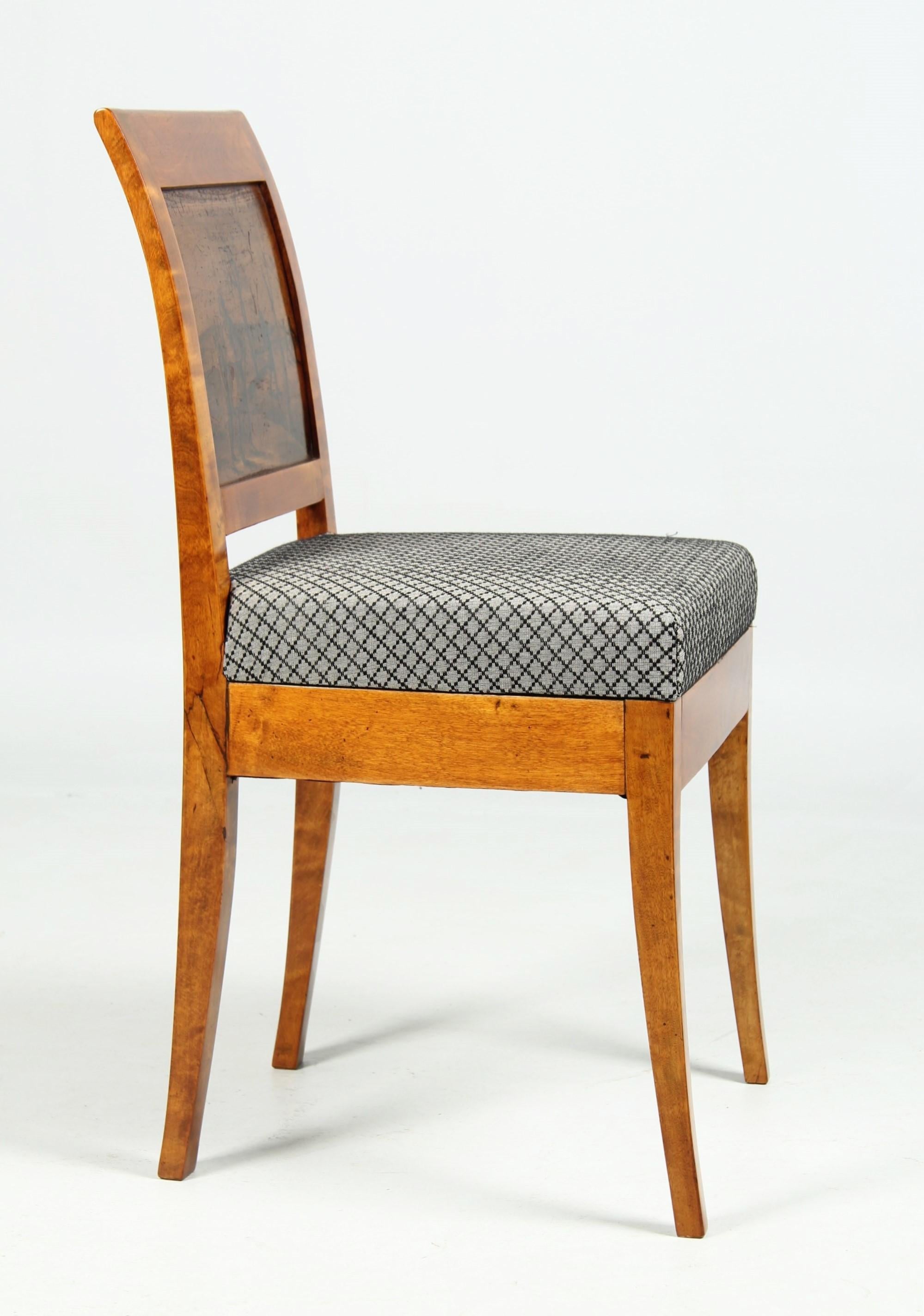 Biedermeier Chair with Ink Painting

Northern Germany
Birch
Biedermeier circa 1820

Dimensions: H x W x D: 84 x 42 x 47 cm Seat height: 48 cm

Description:
Chair made of solid birch, standing on slightly flared square legs.
The rear legs are
